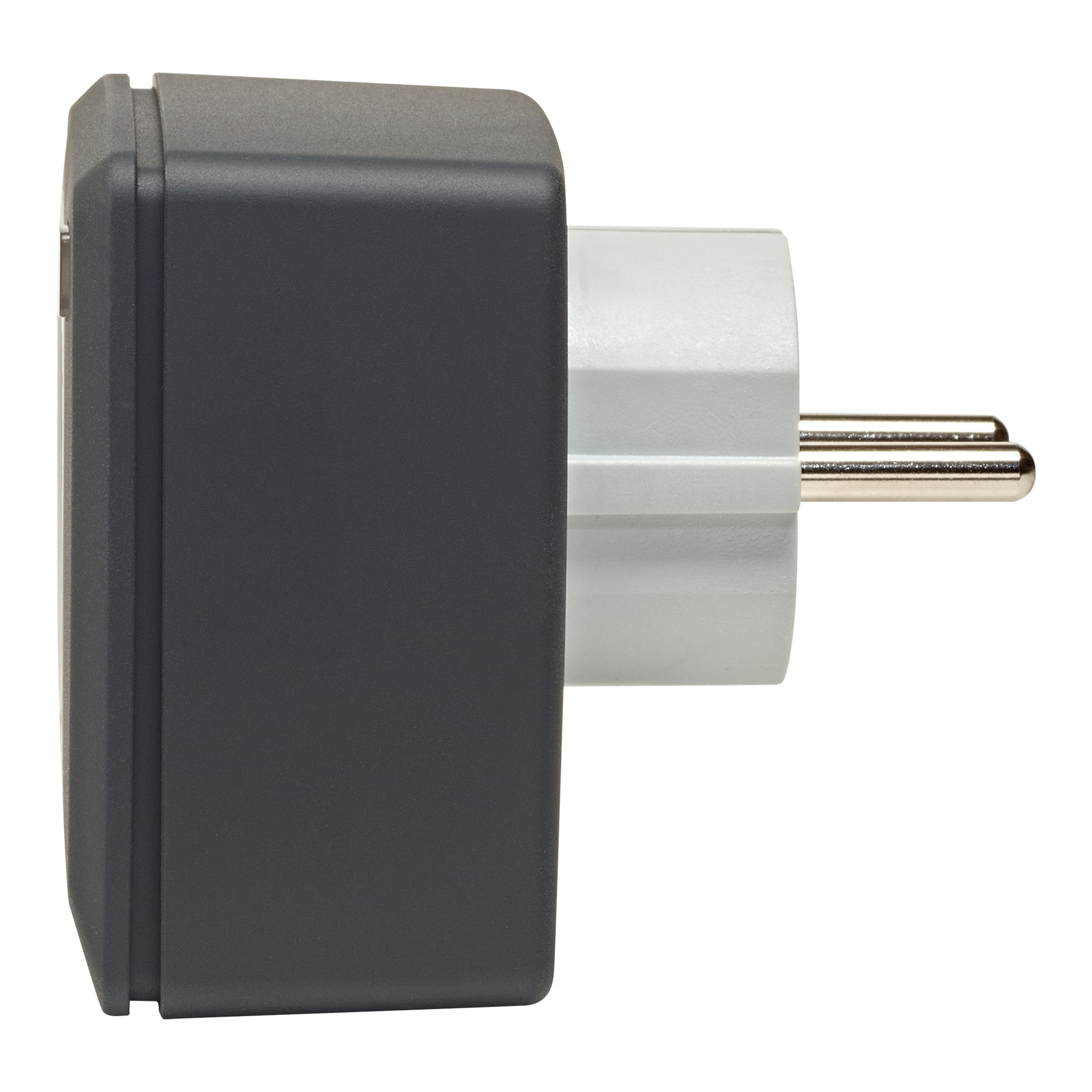 Ein grauer Reiseadapter mit zwei Metallstiften.