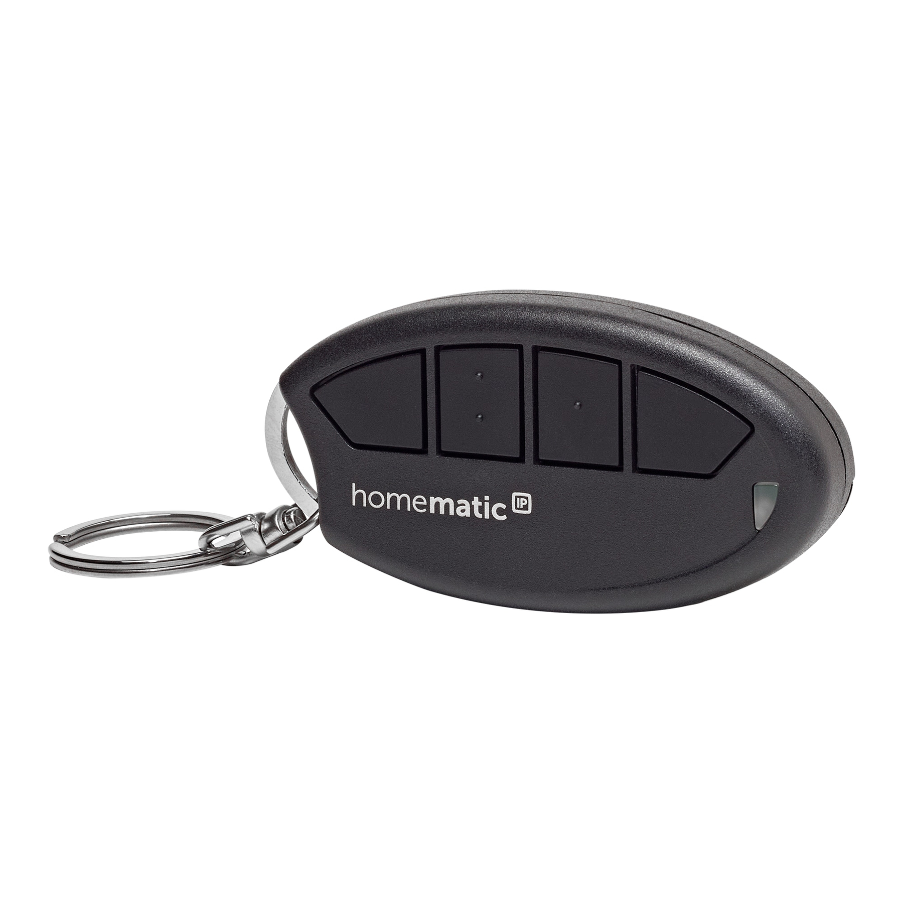 Schwarzer Homematic Handsender mit vier Tasten und Schlüsselring.