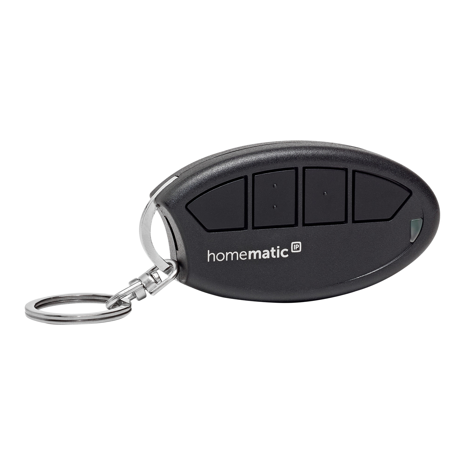 Schwarzer Homematic Handsender mit vier Tasten und Schlüsselring.