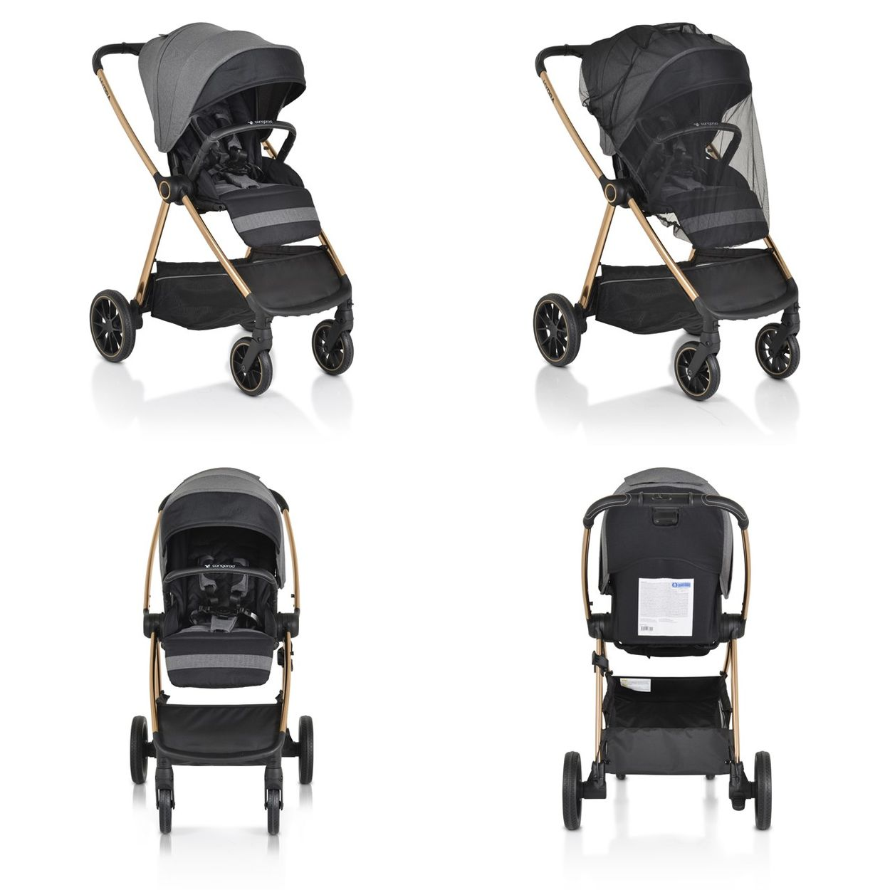 Ein grauer Kinderwagen mit goldenem Gestell, vier Rädern und einem Sonnendach.
