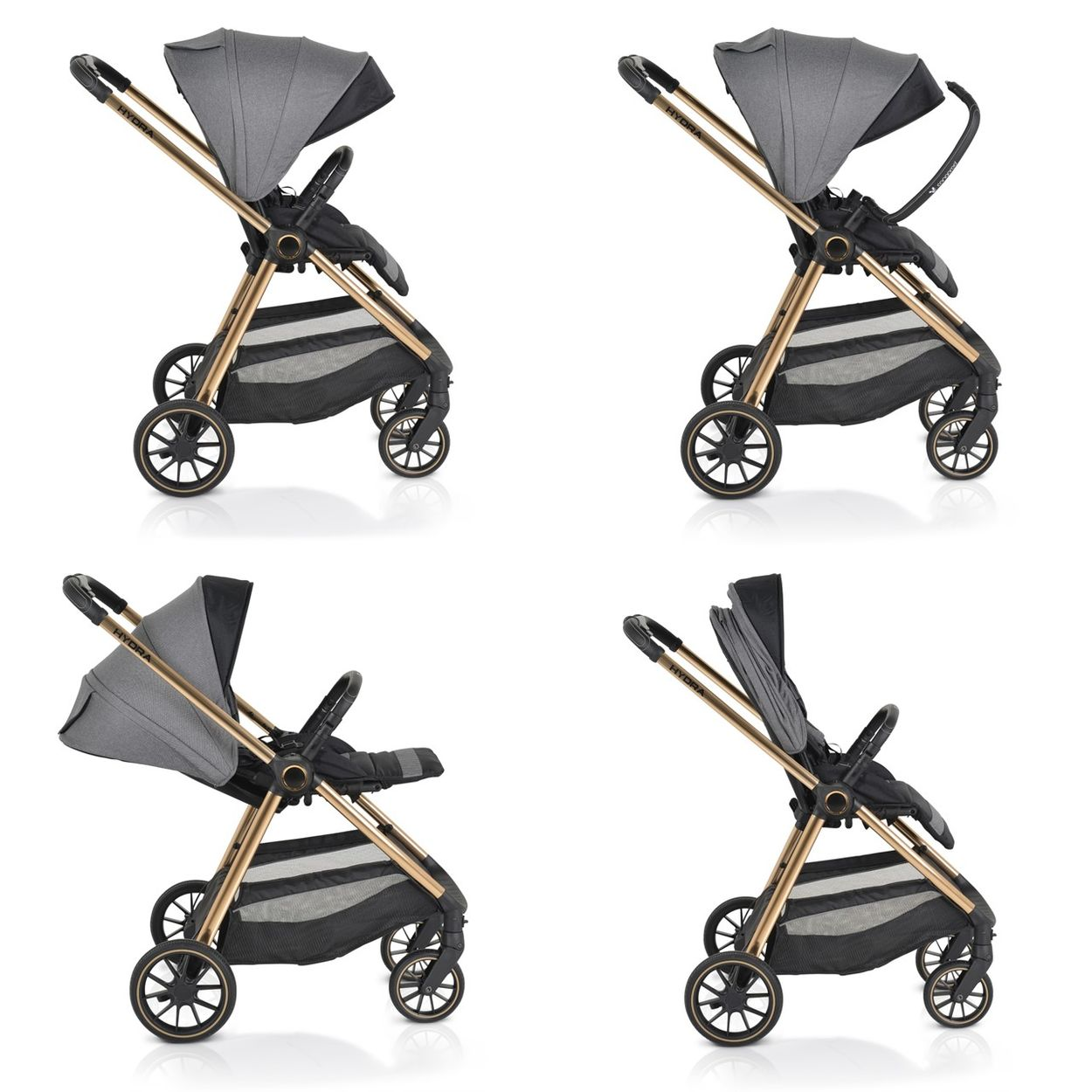 Ein grauer Kinderwagen mit goldfarbenem Rahmen und schwarzem Korb.