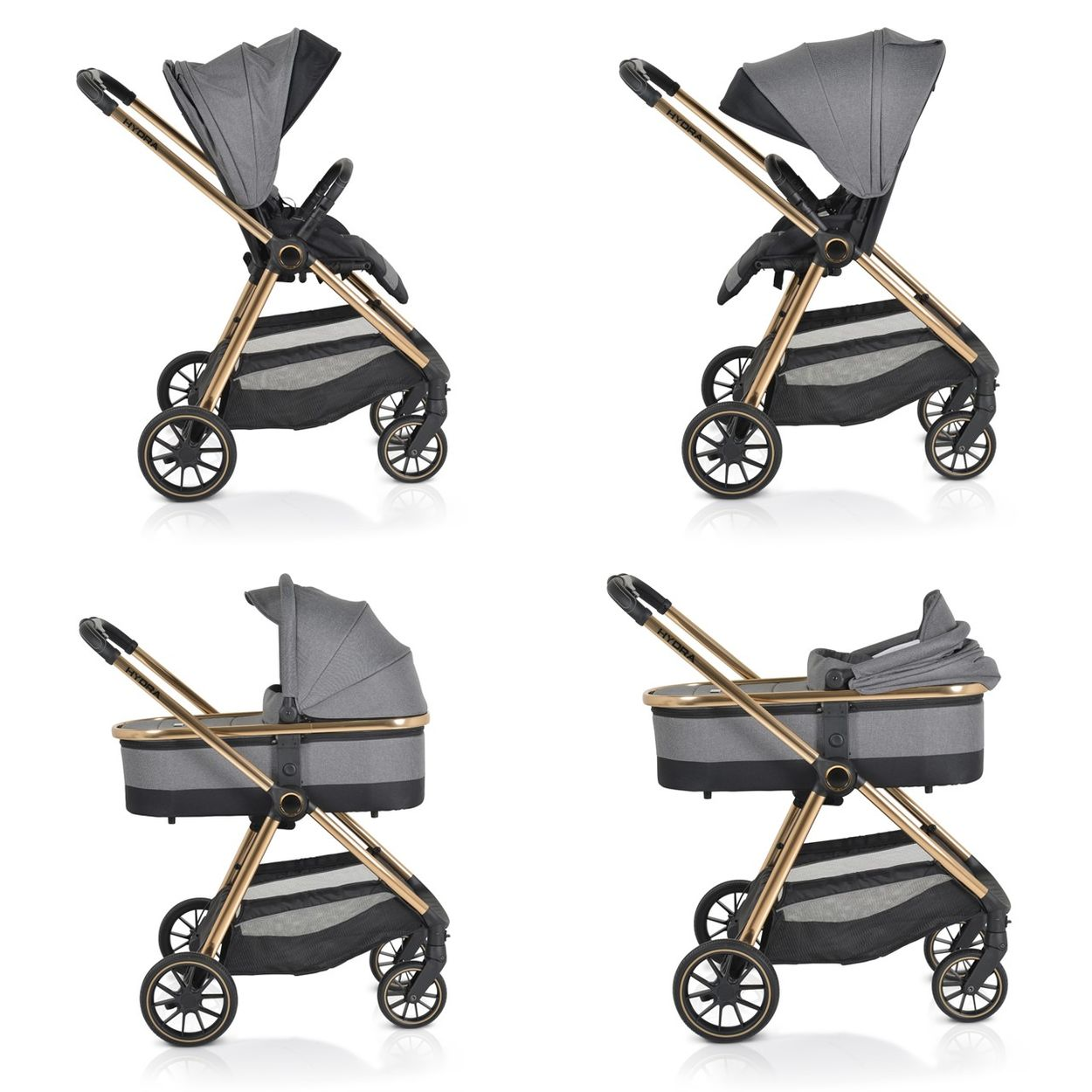 Vier Ansichten eines grauen Kinderwagens mit goldenem Rahmen. Zwei zeigen einen Sitz, zwei eine Babywanne.