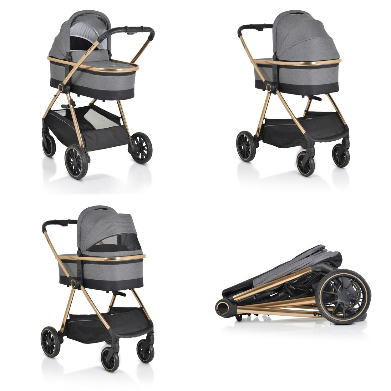 Grauer Kinderwagen mit goldenem Gestell, zusammengeklappt und offen gezeigt.