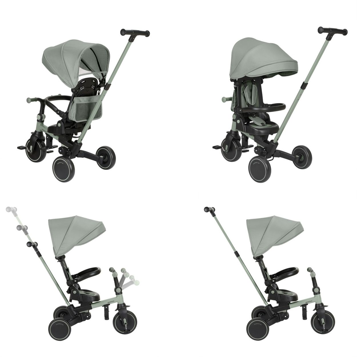 Ein grauer Dreirad-Kinderwagen mit Verdeck und Schiebestange.