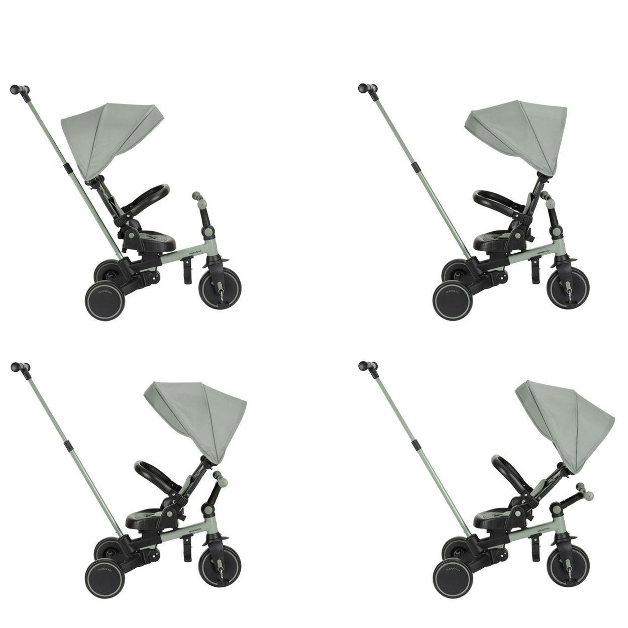 Ein Kinderdreirad mit Verdeck, Lenker und Schubstange in Hellgrün und Schwarz.