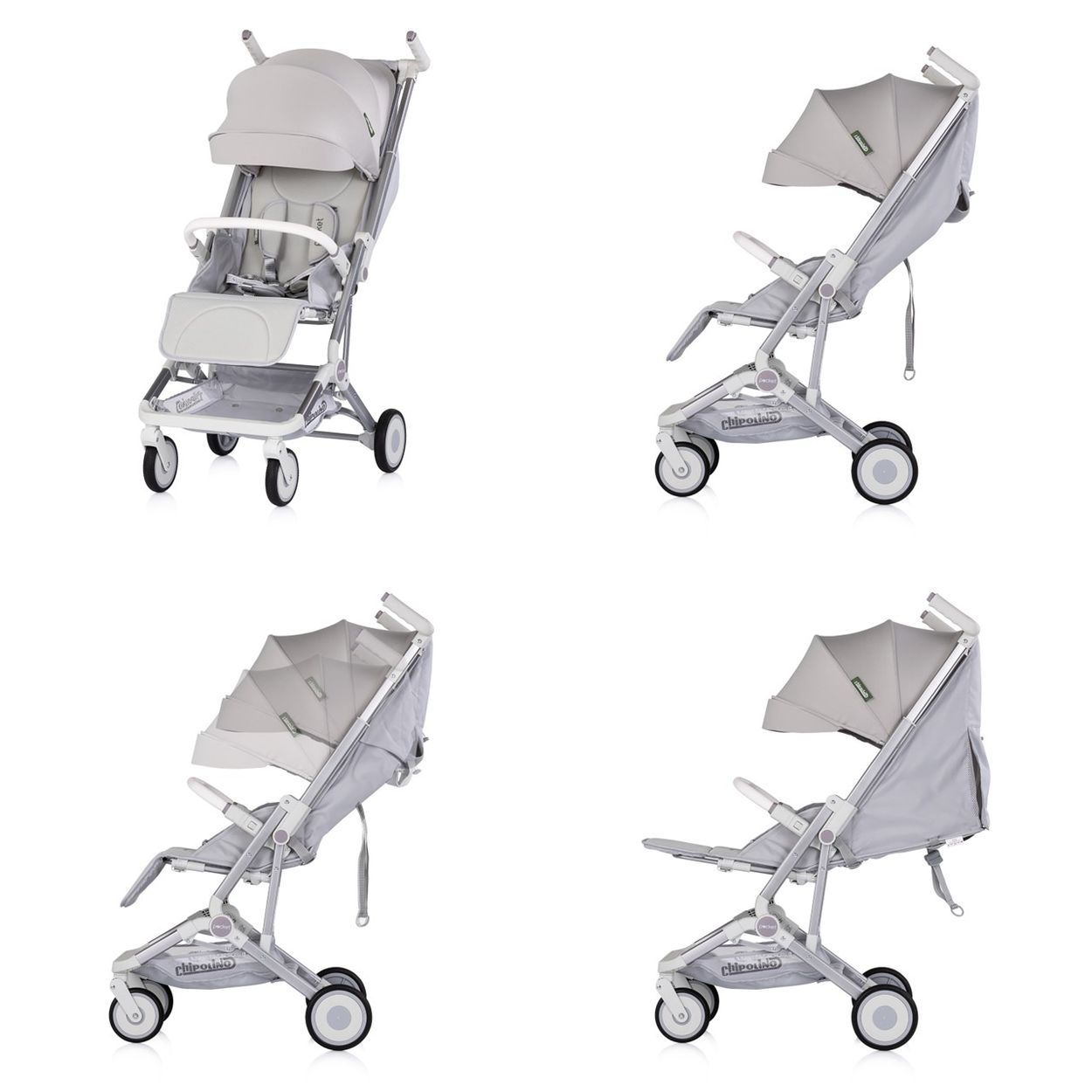 Ein leichter grauer Kinderwagen mit Verdeck und Sicherheitsgurt.
