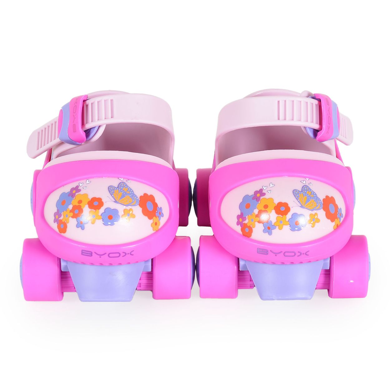 Pinke Rollschuhe mit Blumen- und Schmetterlingsmotiv und Klettverschluss.