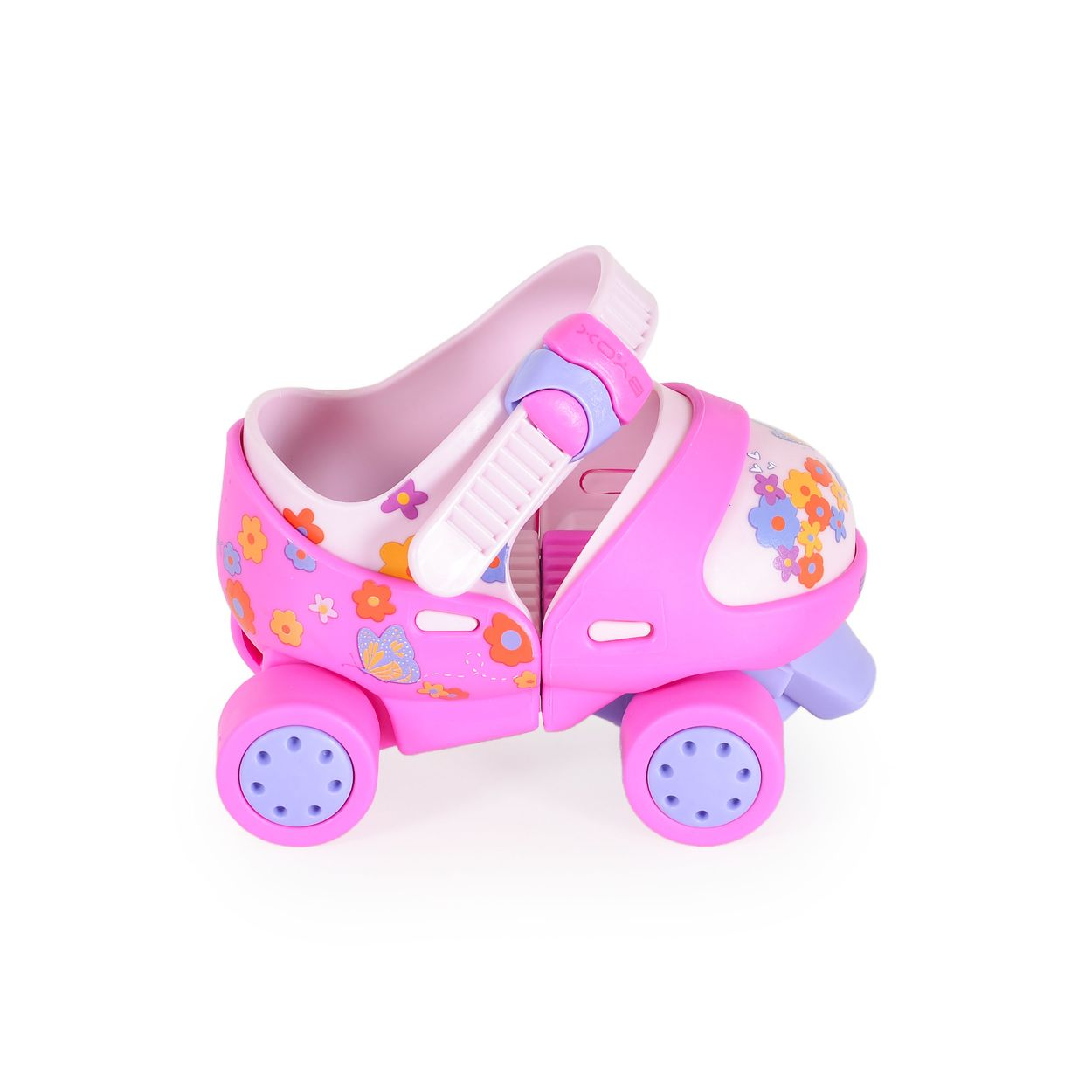 Ein pinker Kinderroller mit Blumenmuster und Schmetterling. Lila Räder.