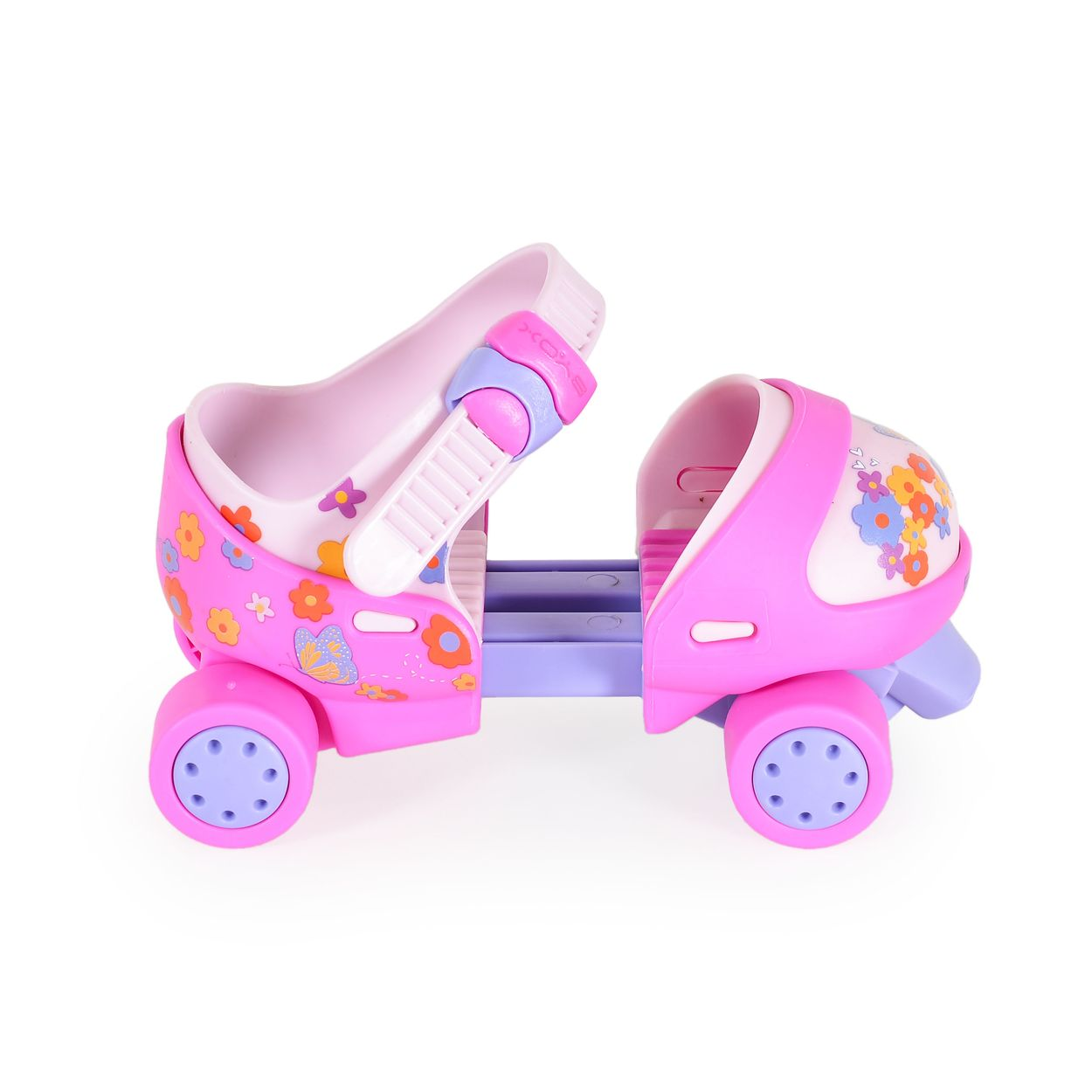Ein pinker Rollschuh mit Blumenmuster und Schmetterling.