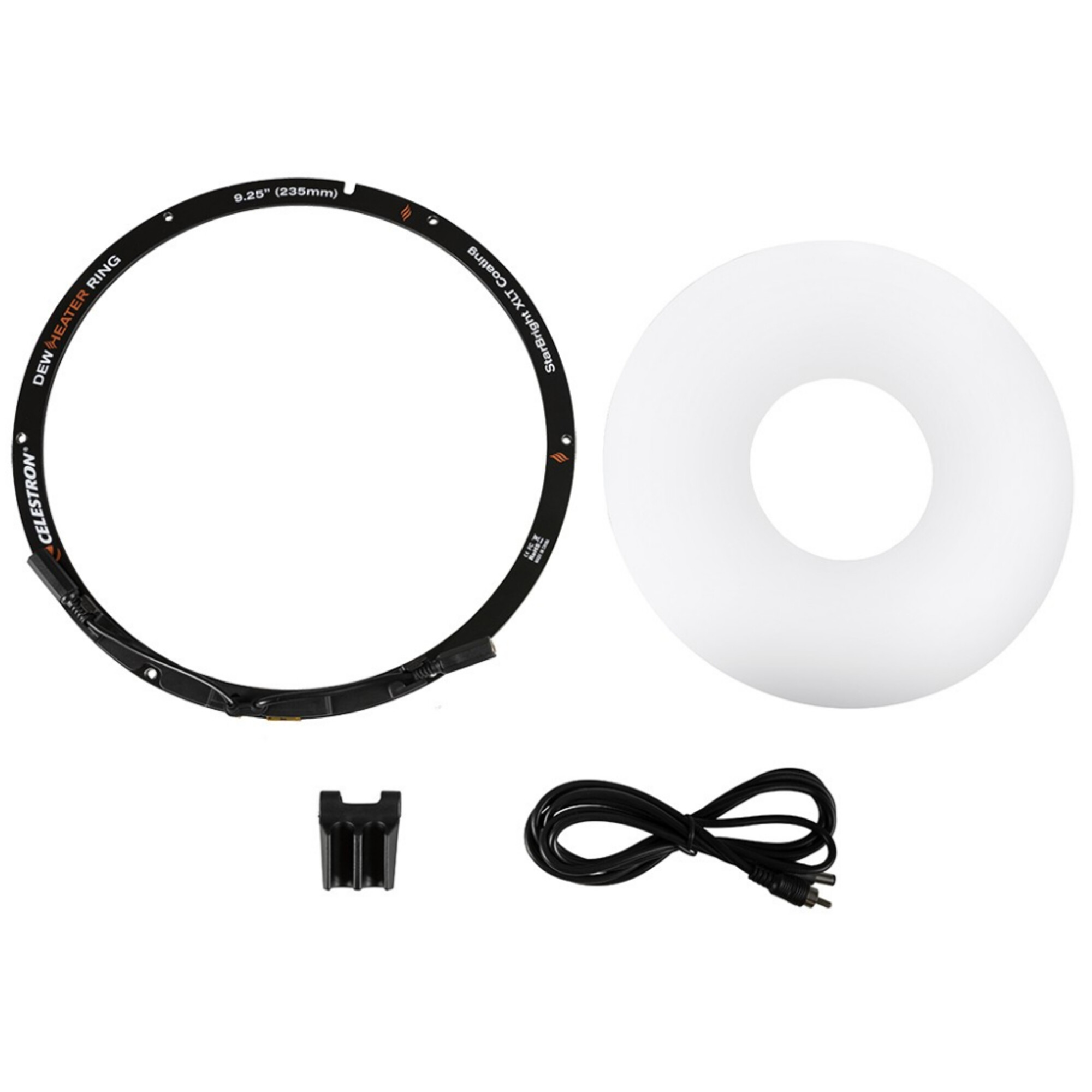 Celestron Tauentfeinerungsring, weißer Diffusorring, schwarzer Clip und schwarzes Kabel.