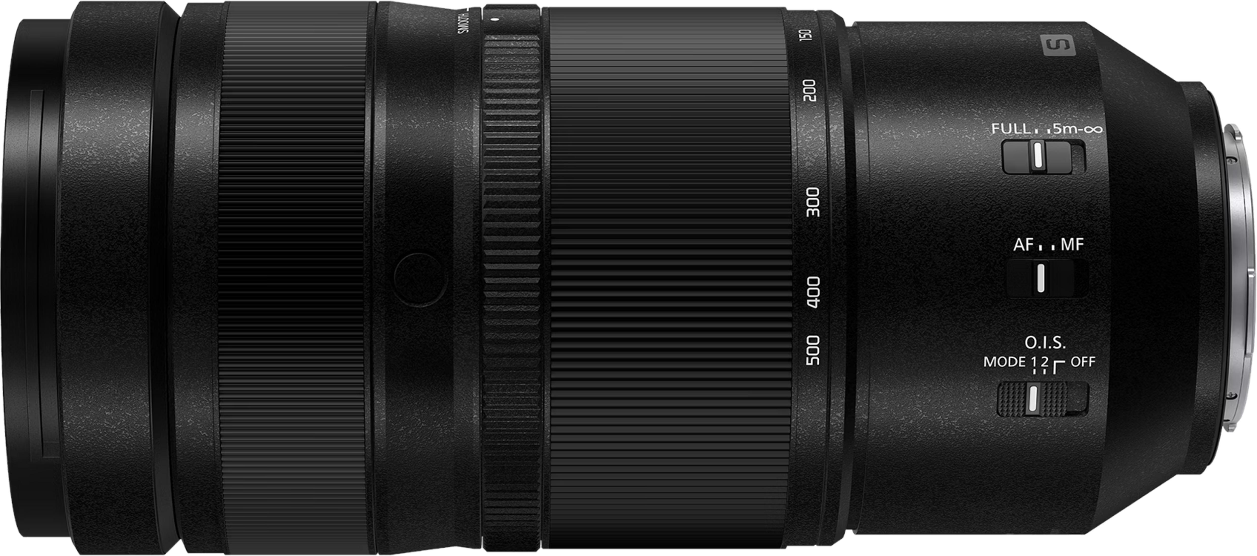 Zwarte cameralens met zoomring en schakelaars voor focus en beeldstabilisatie.