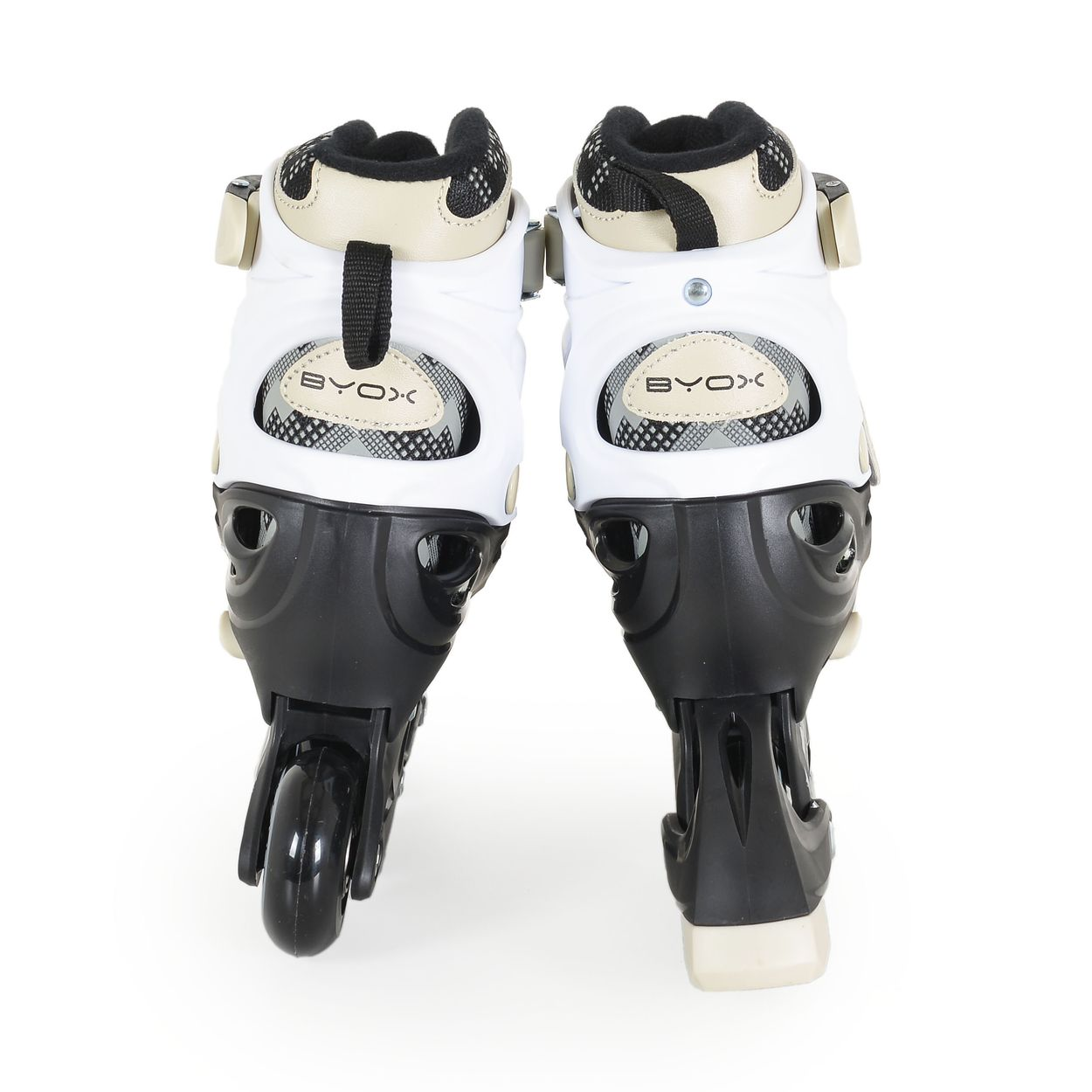 Weiße Inline-Skates mit schwarzen Akzenten, von hinten gezeigt.