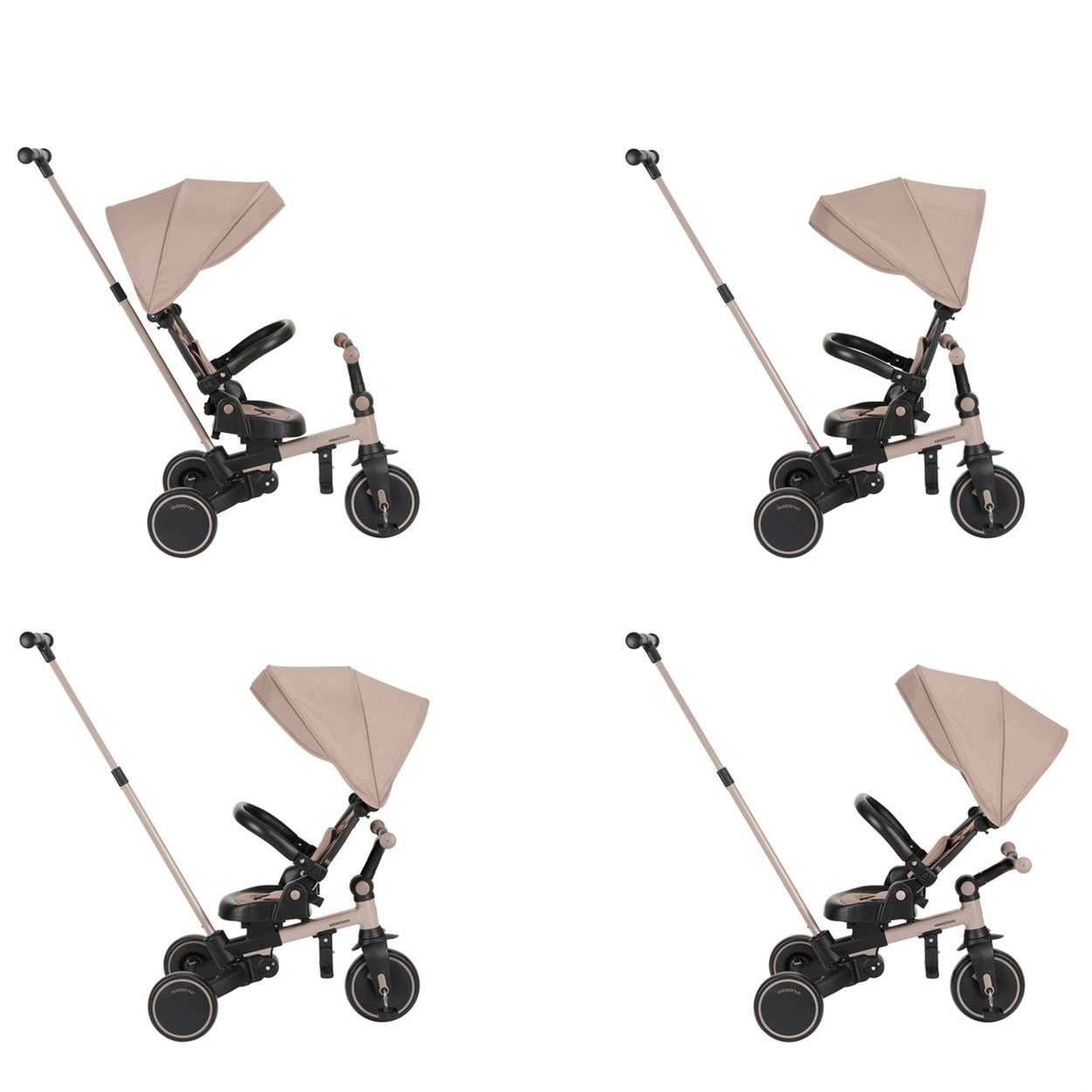 Ein beiger Dreirad-Kinderwagen mit Griff, Sonnendach und schwarzem Sitz.