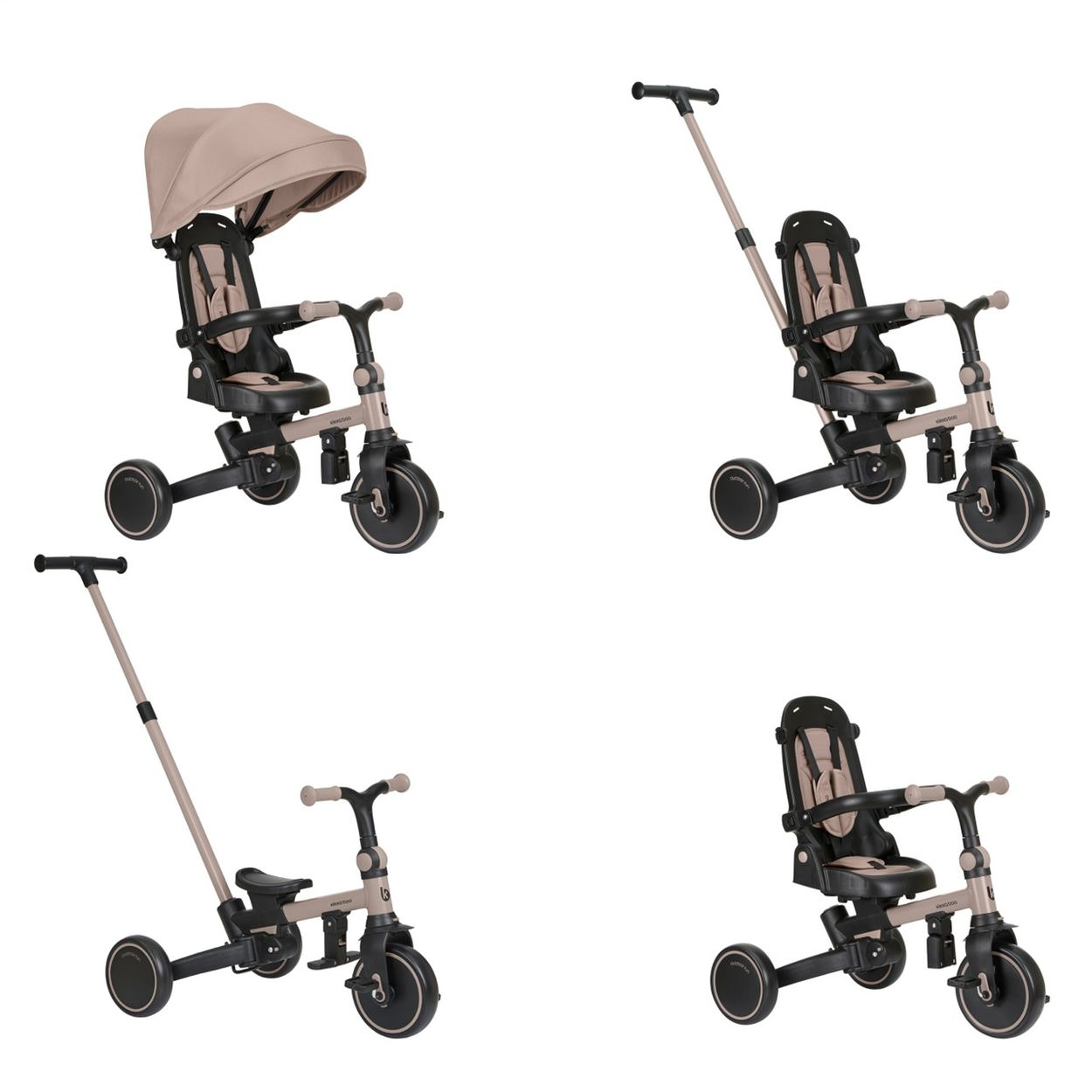 Ein beiger Kinderdreirad mit Verdeck und Schubstange.