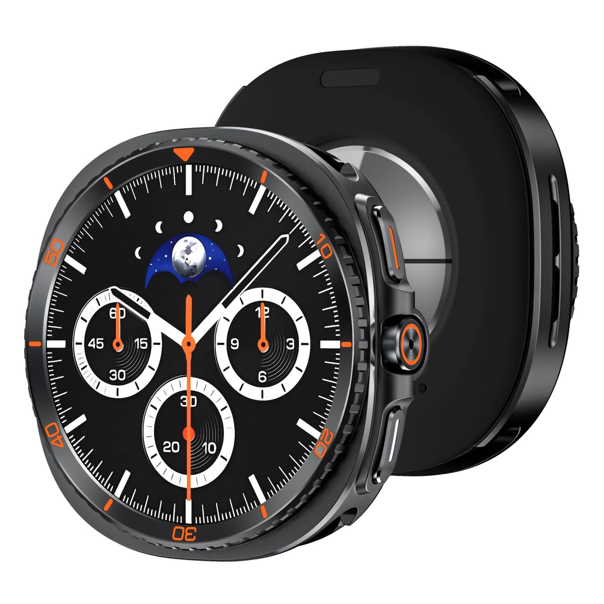Eine schwarze Smartwatch mit einem Zifferblatt mit Mondphase und orangefarbenen Akzenten.