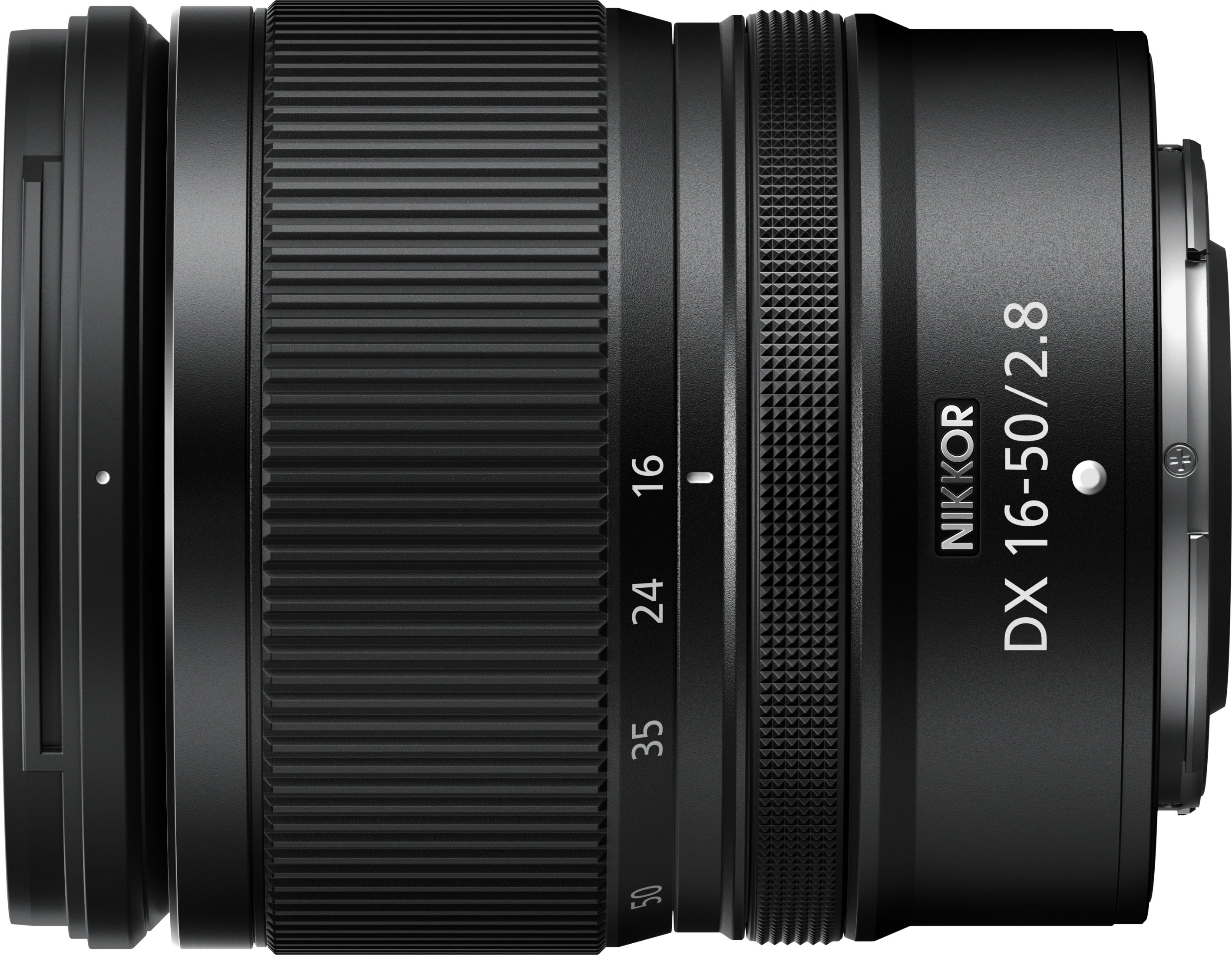 Schwarz Objektiv mit Zoomring und Fokusmarkierungen, NIKKOR DX 16-50/2.8.