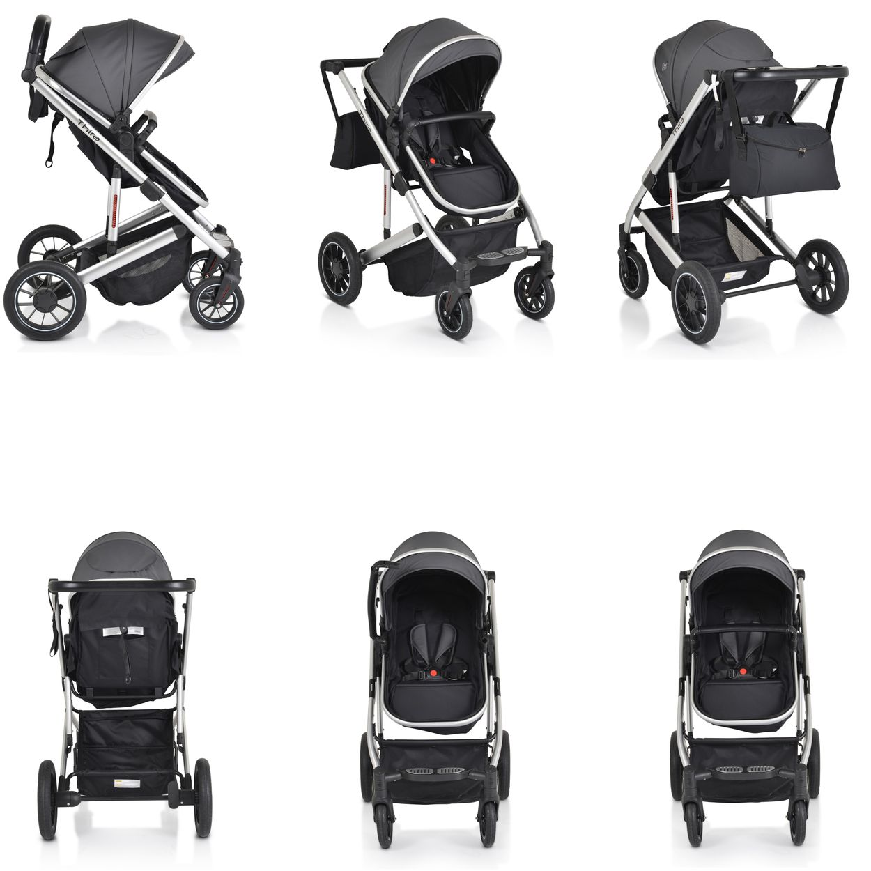 Ein moderner dunkelgrauer Kinderwagen mit silbernem Rahmen, verschiedenen Ansichten.