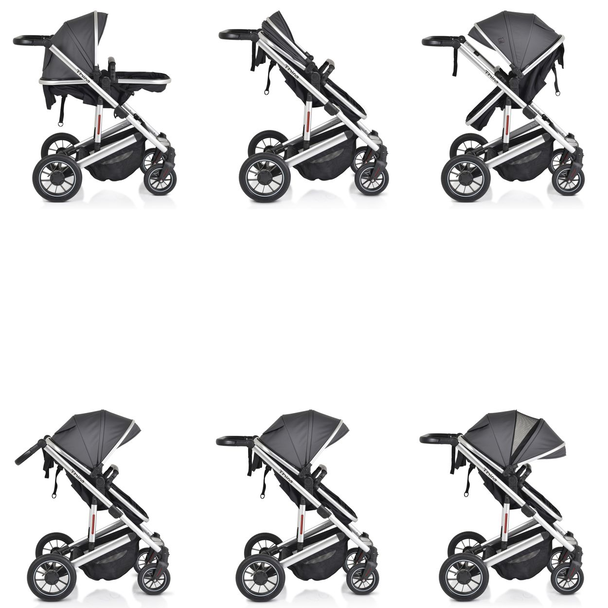 Ein Kinderwagen in verschiedenen Positionen, mit dunklem Verdeck und silbernem Rahmen.