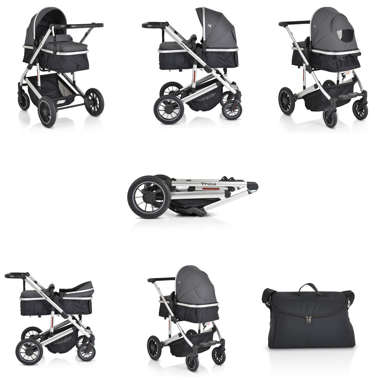 Grauer Kinderwagen mit schwarzem Stoff und silbernem Gestell, zusammengeklappt und als Tasche.