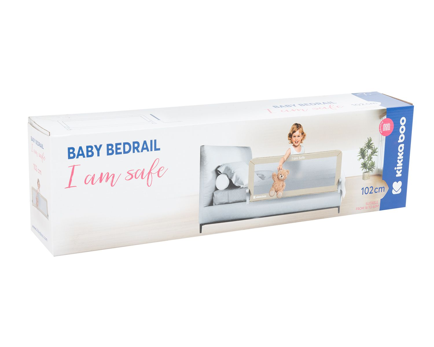 Babybettgitter auf Kartonverpackung mit Kind, Teddybär und Pflanze.