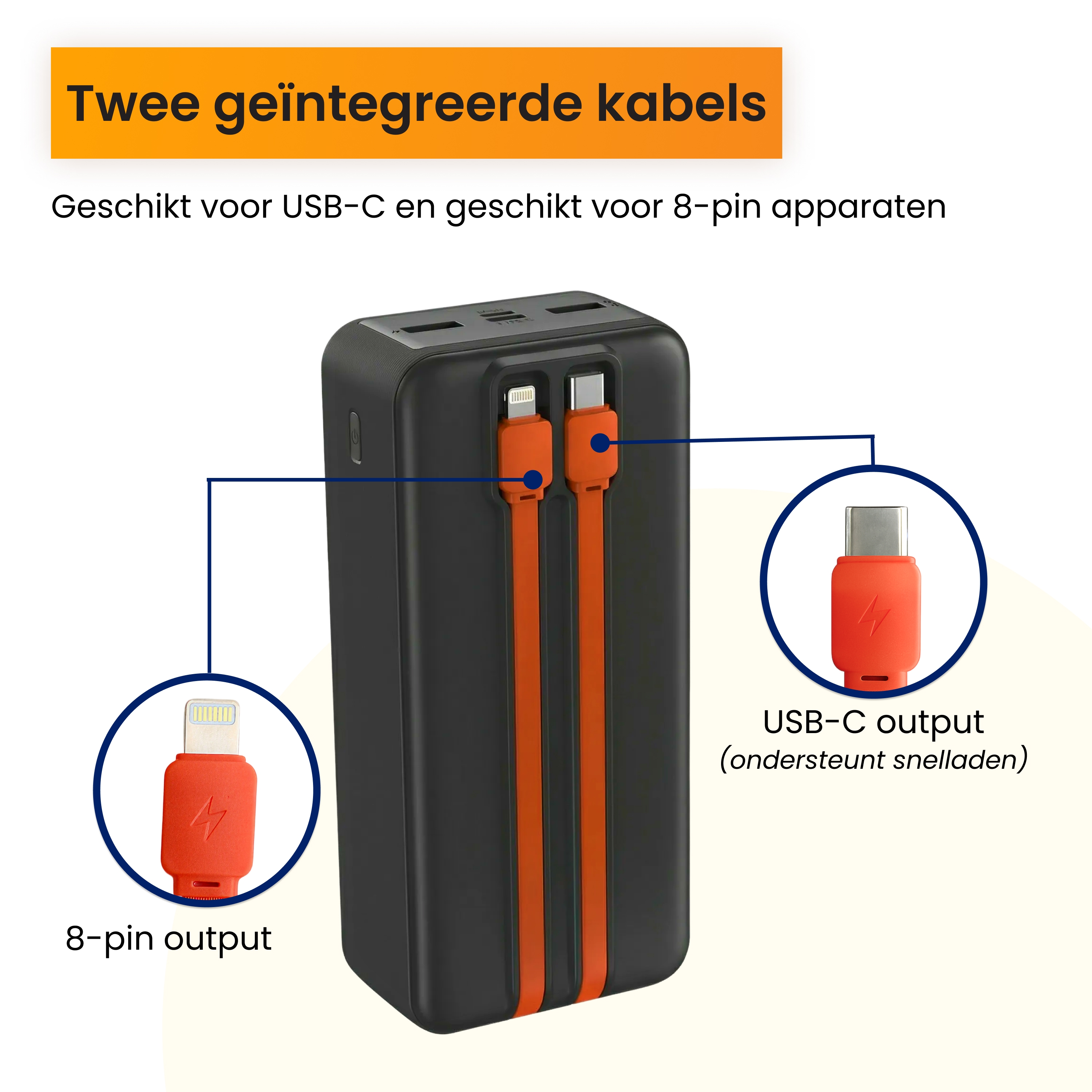 Batterie externe noire avec deux câbles intégrés : 8 broches et USB-C.