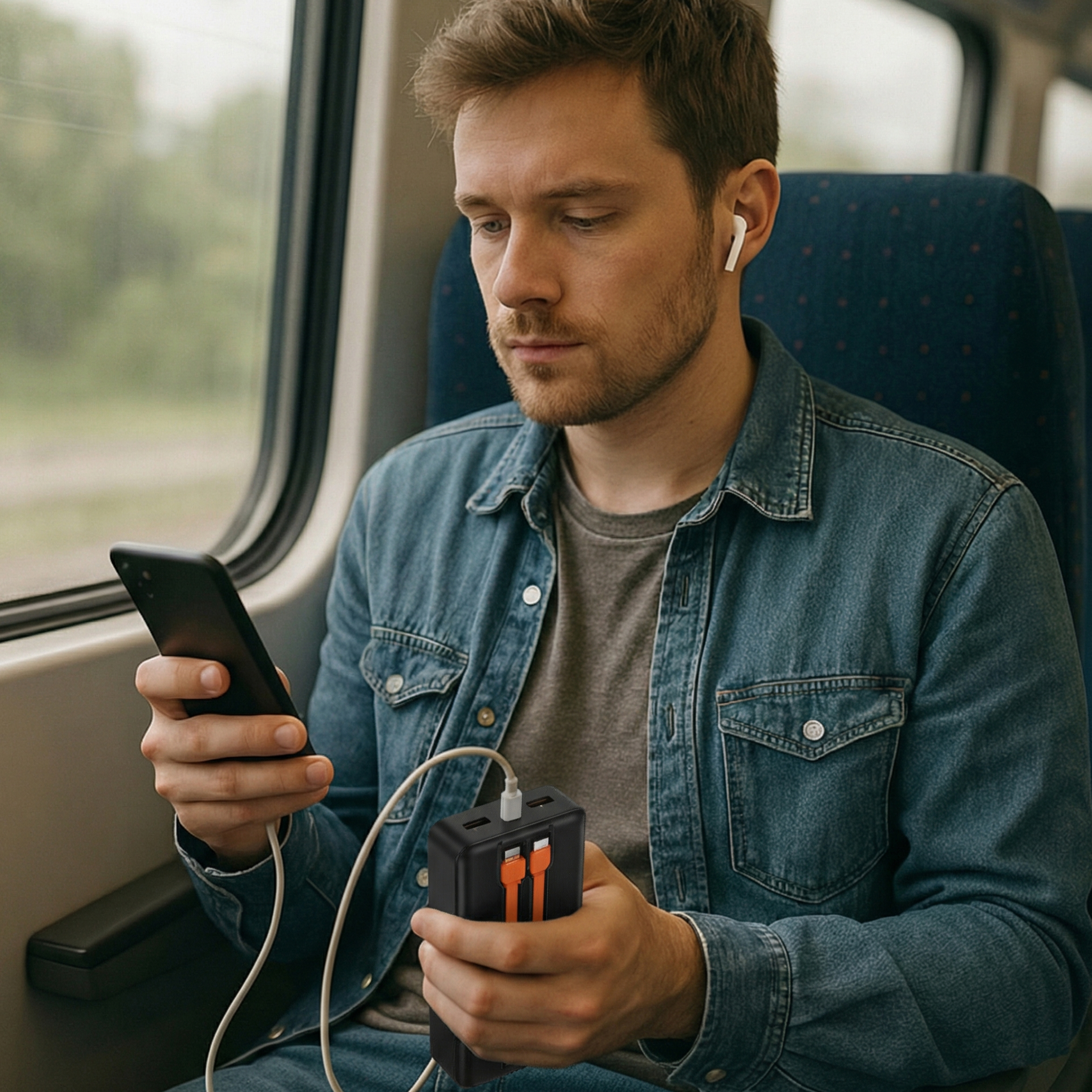 Homme dans un train avec téléphone et power bank, arbres dehors.
