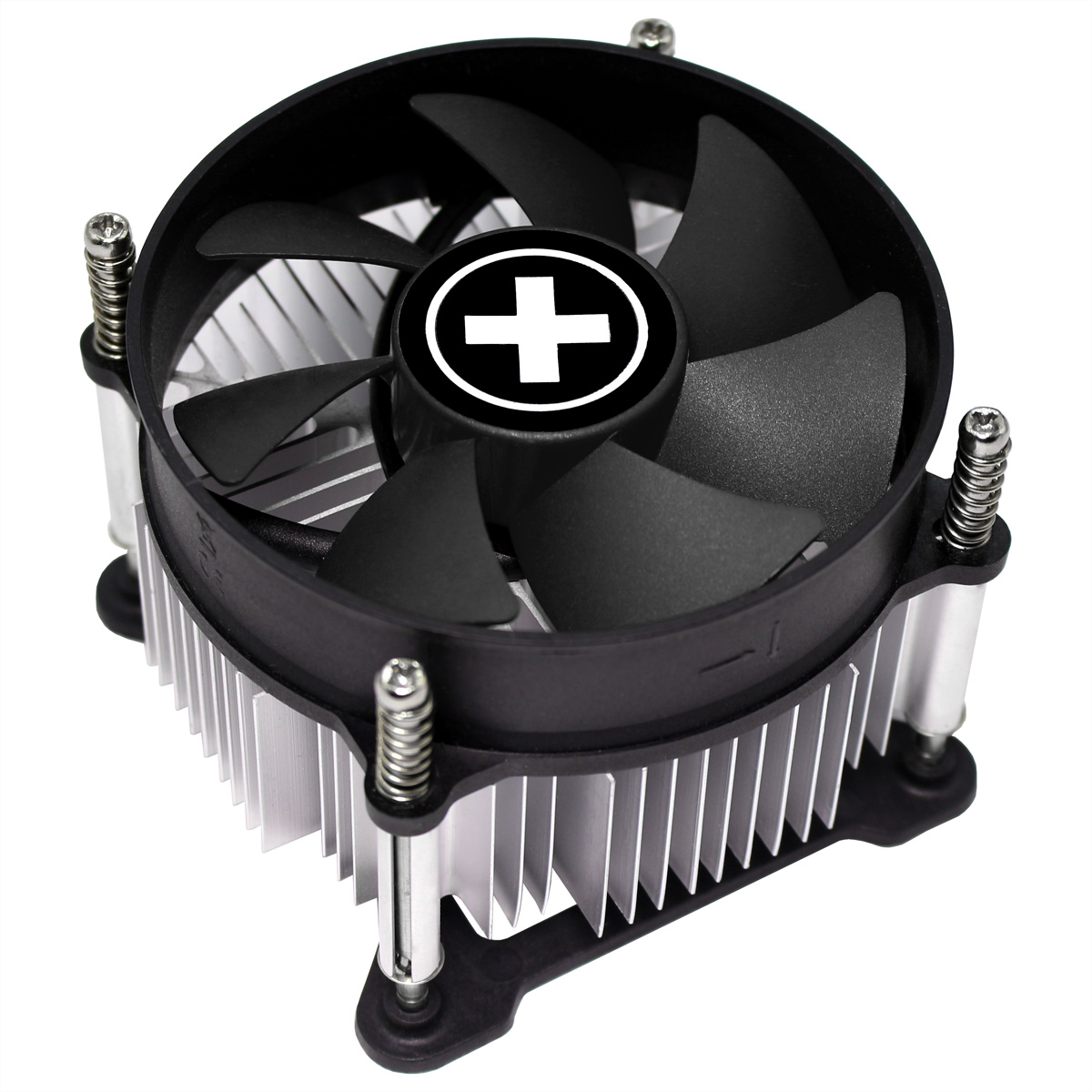 Black computer fan with heatsink and white cross on black circle.