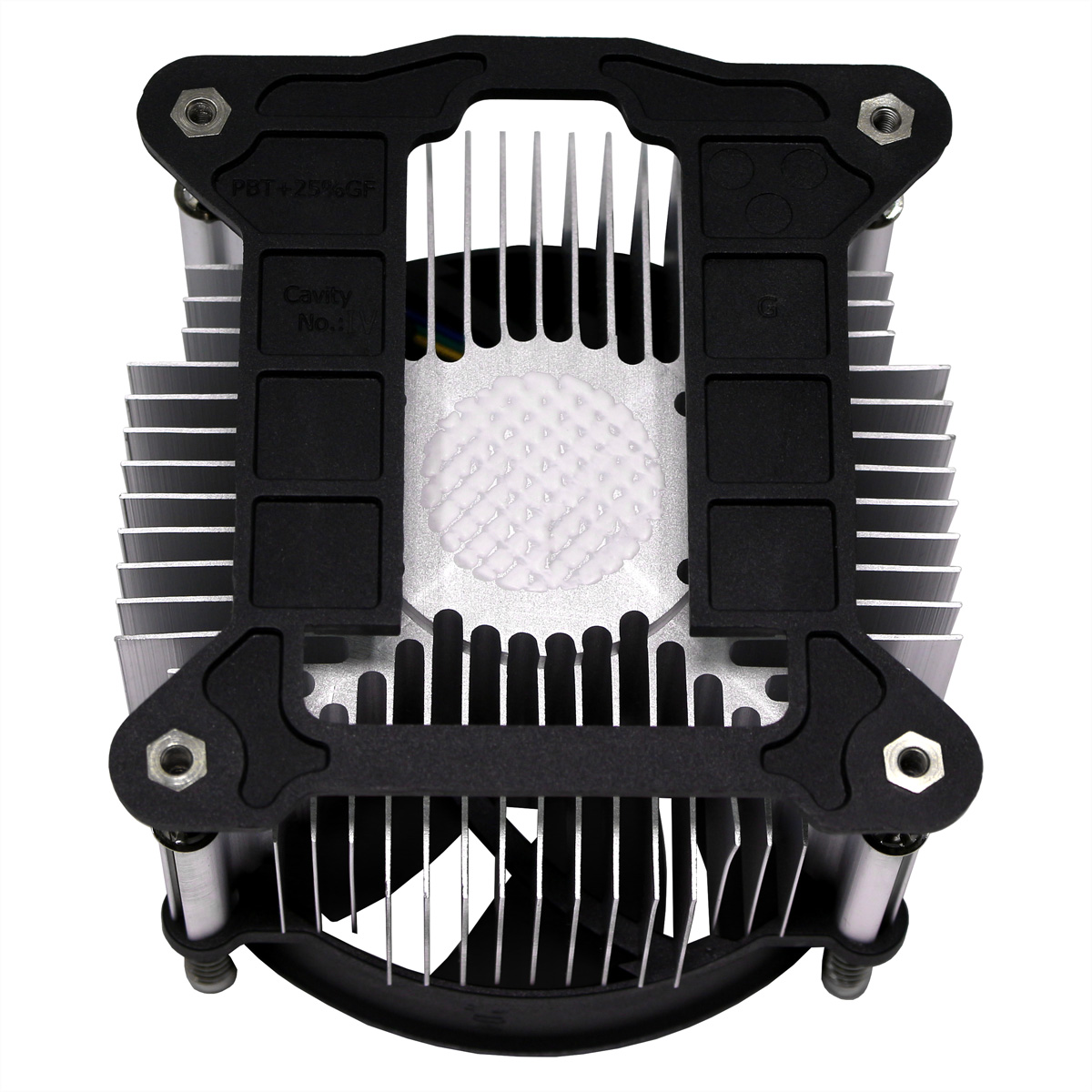 A silver CPU cooler with a black frame and fan.