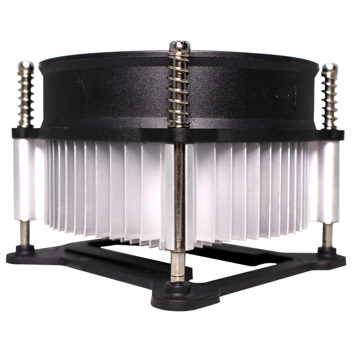 A black fan with a silver heatsink and springs on a white background.