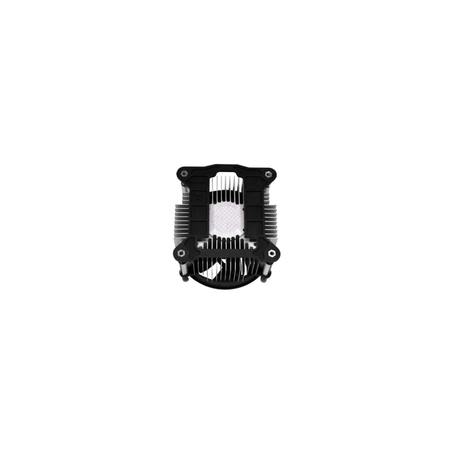A black CPU cooler with aluminum fins and a fan.