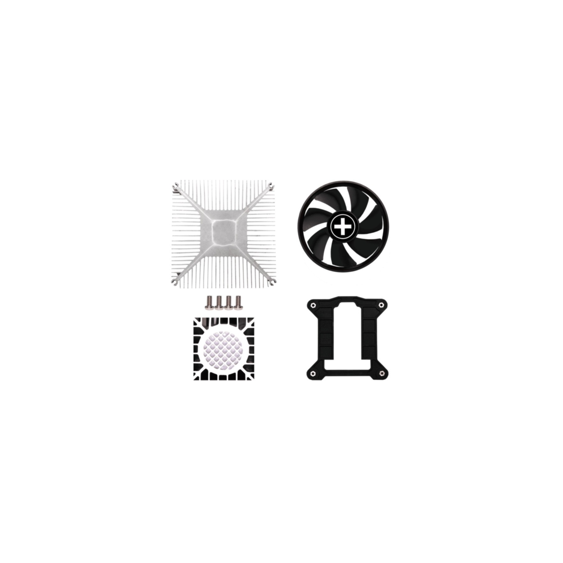 Silver heatsink, black fan, four screws, and mounting bracket.