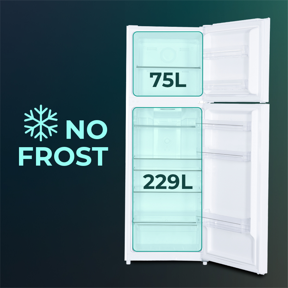 Refrigerador blanco con puerta abierta, compartimentos de 75L y 229L.