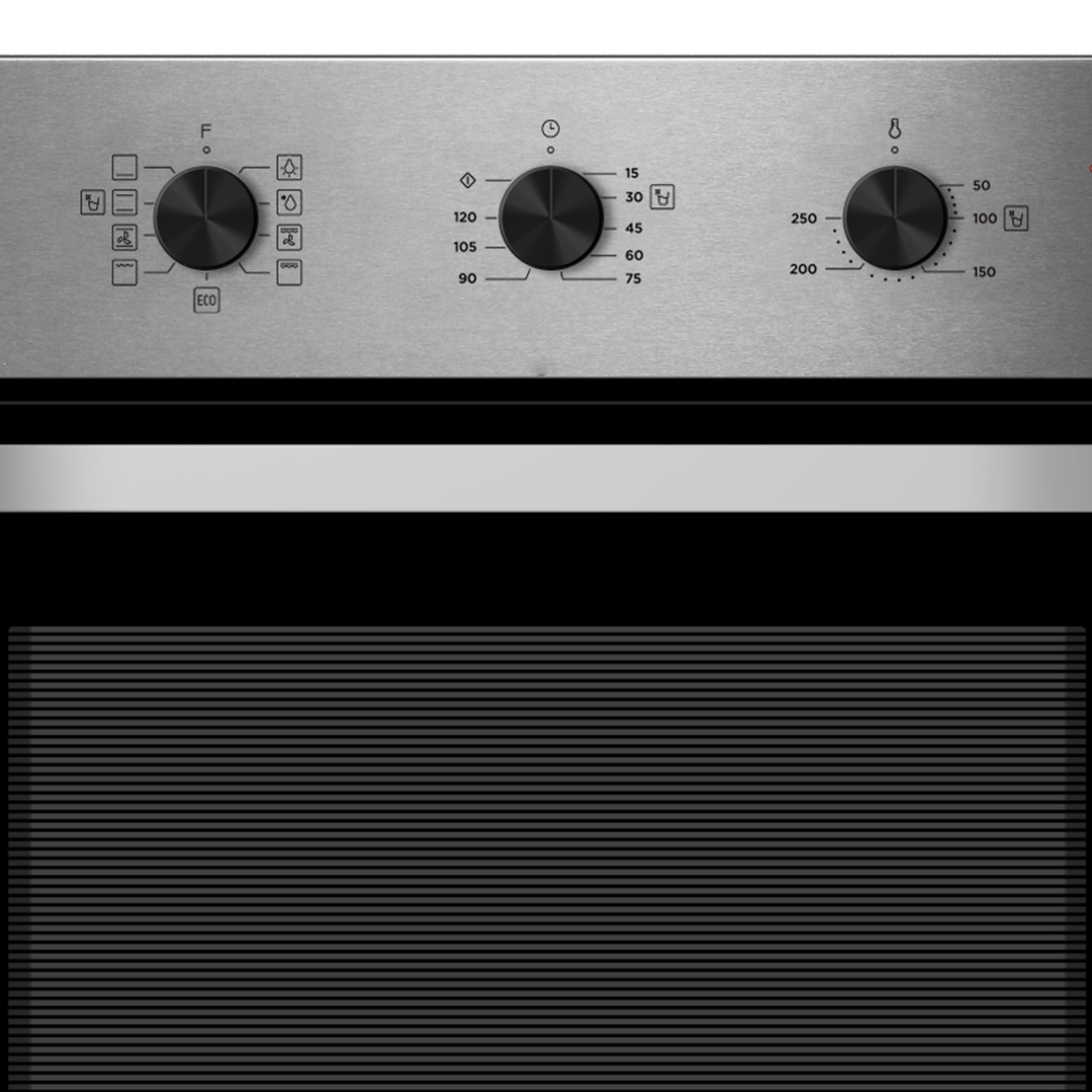 Panel de control de acero inoxidable con tres diales y símbolos para funciones del horno.