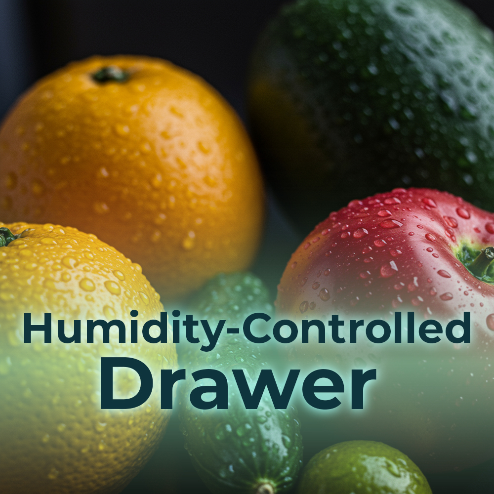 Frutas con gotas de agua: naranja, limón, tomate, pepinos. Texto: Humidity-Controlled Drawer.