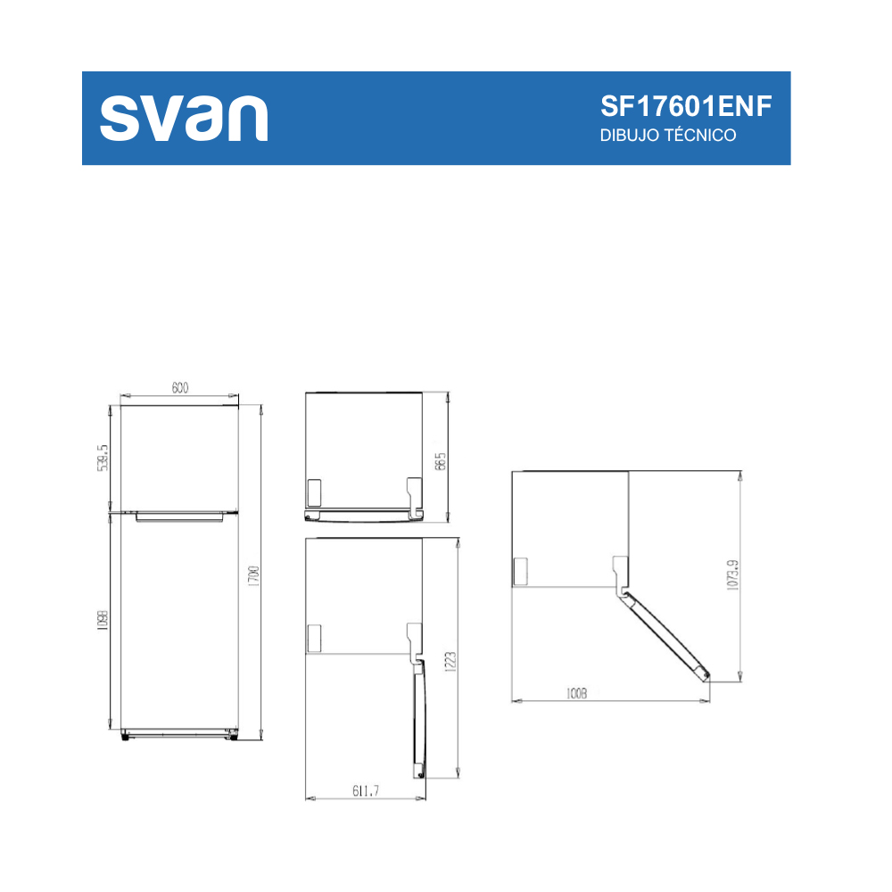 Dibujo técnico de un refrigerador de dos puertas con dimensiones.