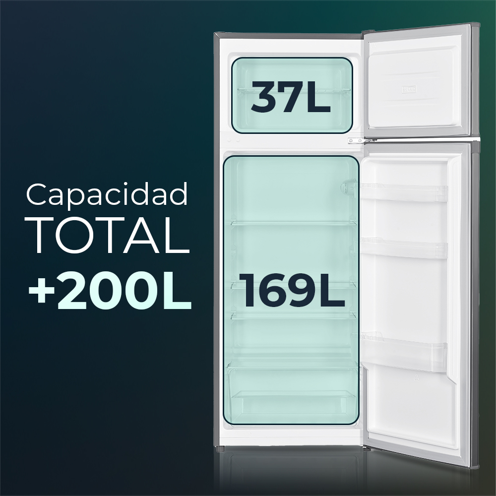 Refrigerador abierto con 37L de congelador y 169L de nevera.