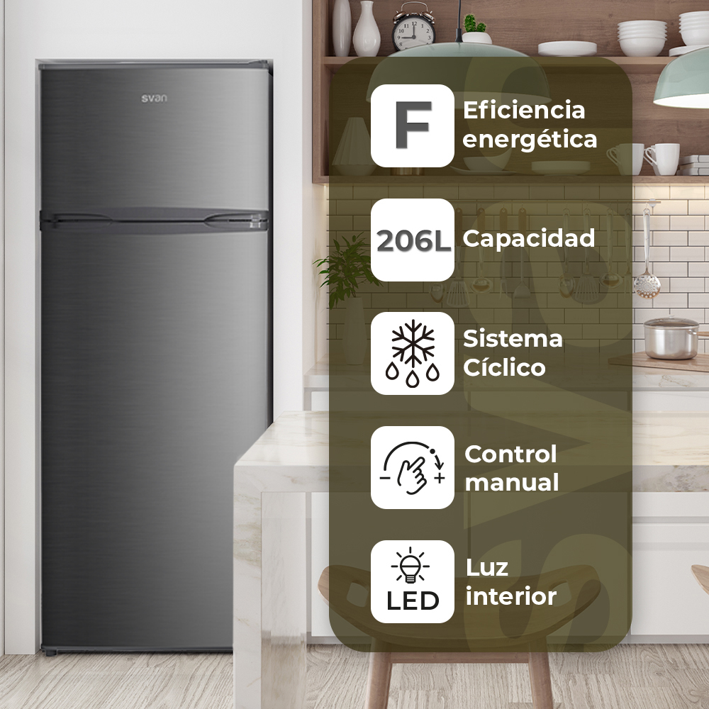 Refrigerador gris con eficiencia energética F, capacidad 206L, sistema cíclico, control manual, luz LED.