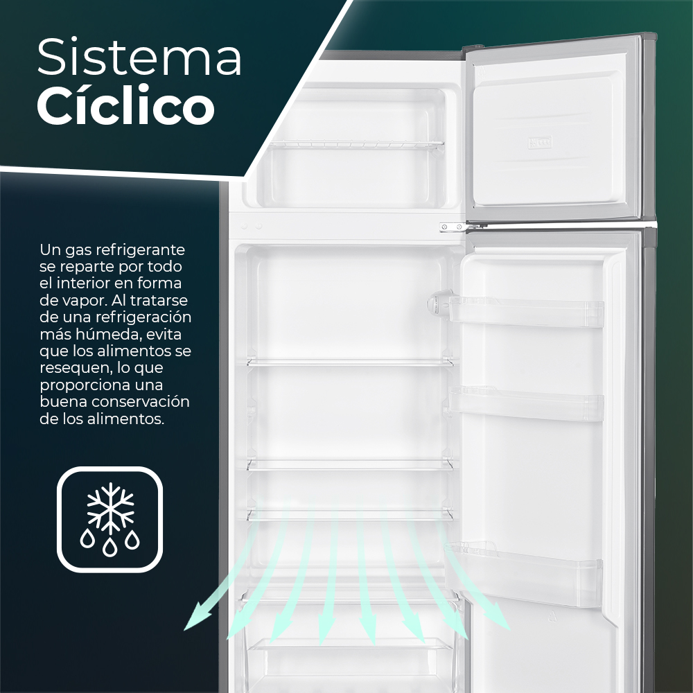 Interior de refrigerador con puerta abierta y flechas indicando circulación.