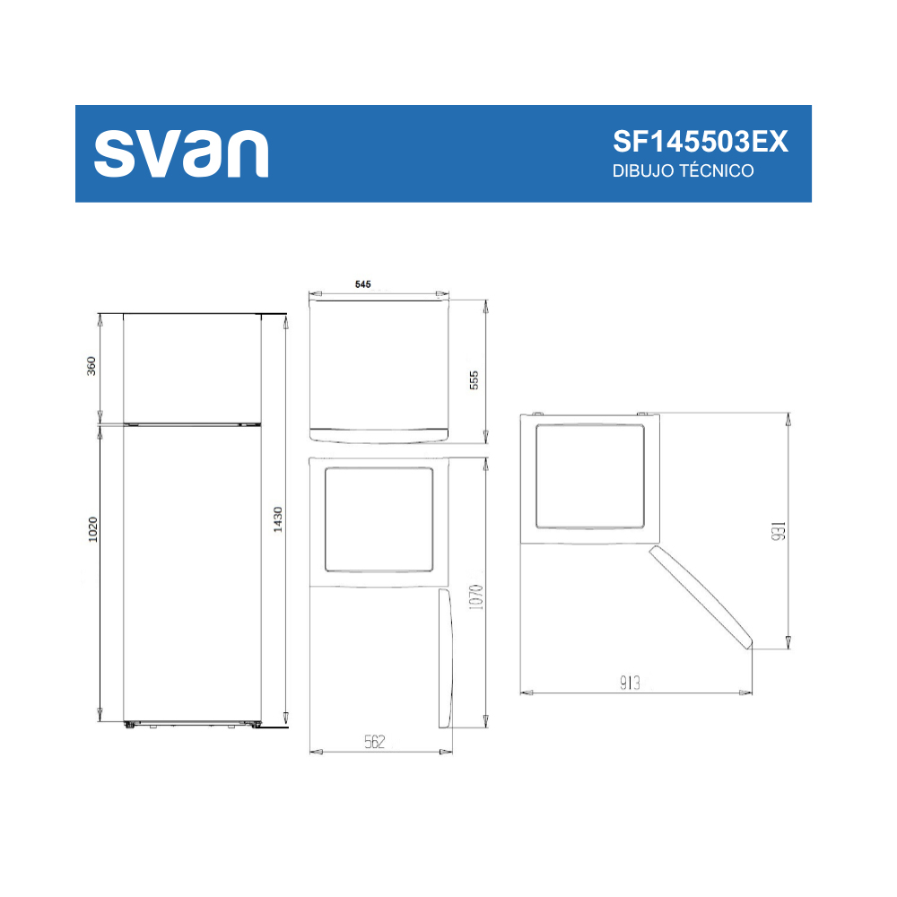 Dibujo técnico de un frigorífico de dos puertas con dimensiones.