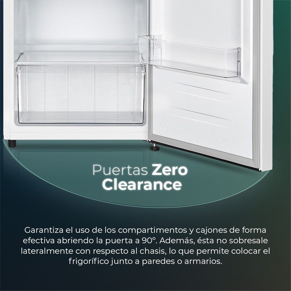 Puerta de refrigerador abierta con cajón y estante transparente. Puertas sin espacio.