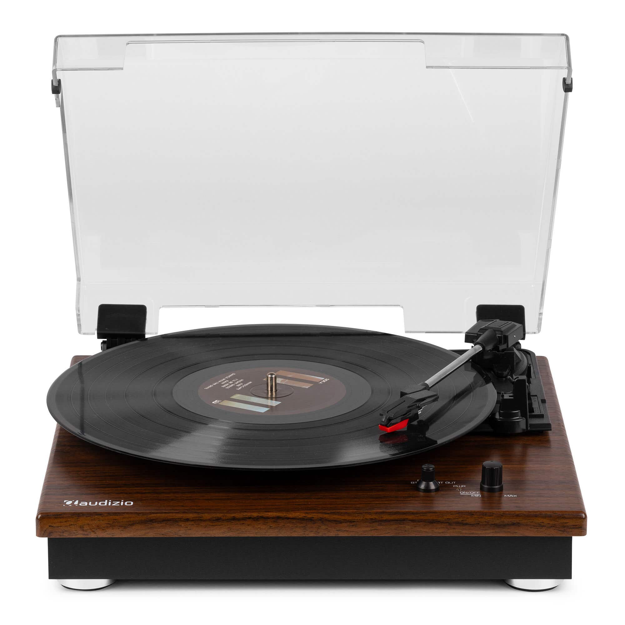 A wooden turntable with a black vinyl record, tonearm, and clear lid.