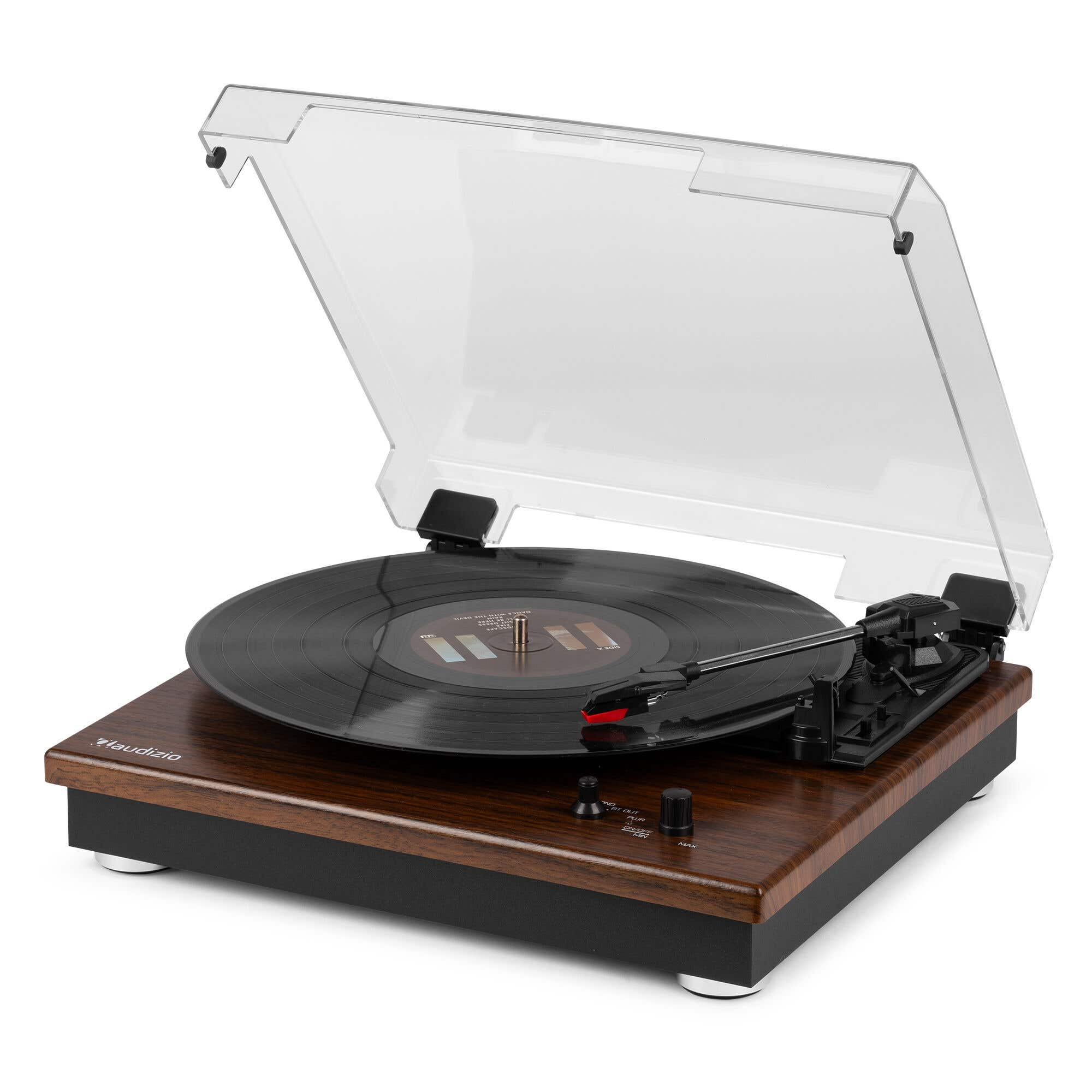 A wood-grain turntable with a black record and a clear lid.
