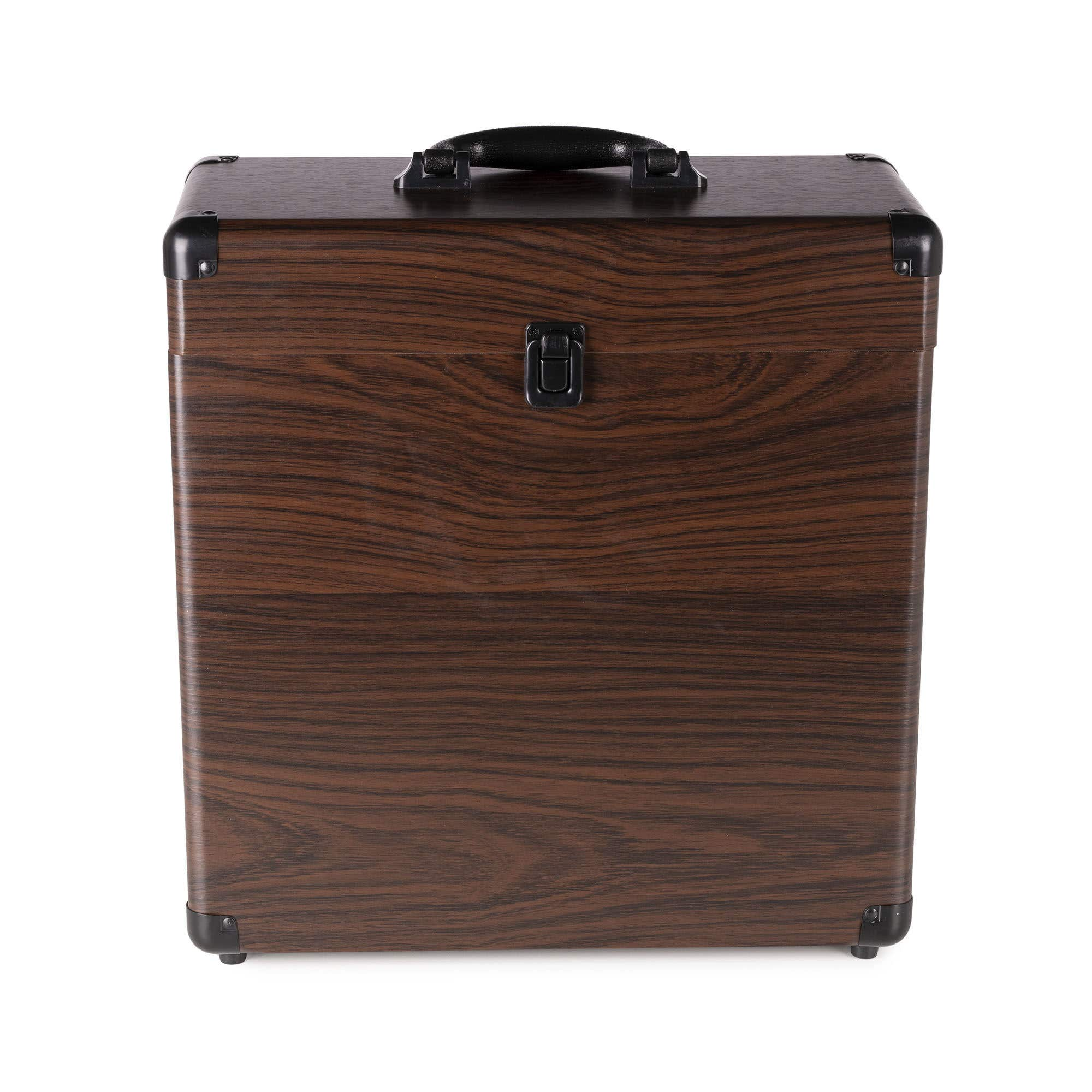 Brown wooden box with a black handle and latch.