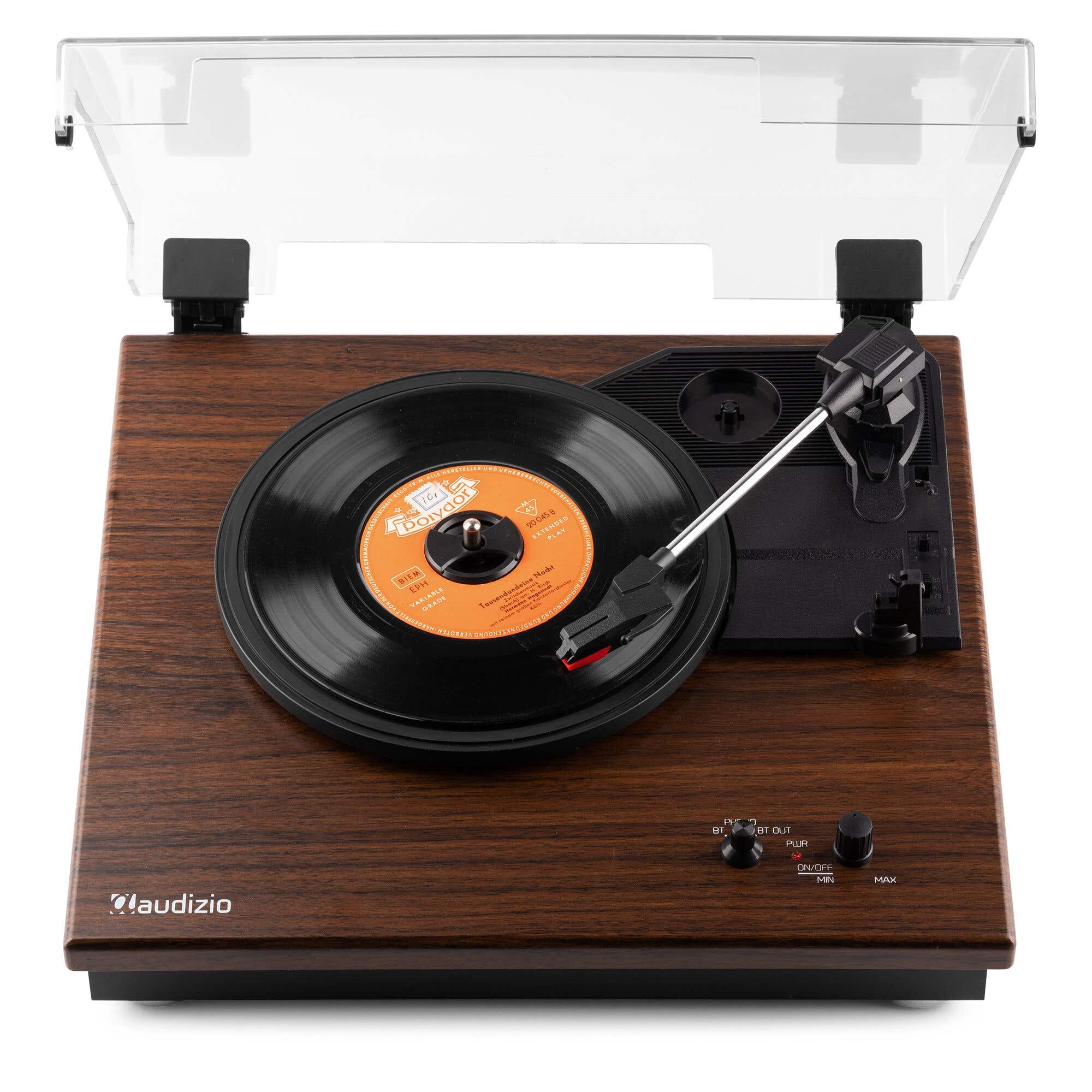 A wooden turntable with a vinyl record and a clear dust cover.