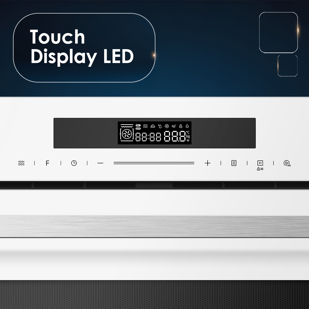 Una pantalla táctil con iconos y números en un electrodoméstico blanco.