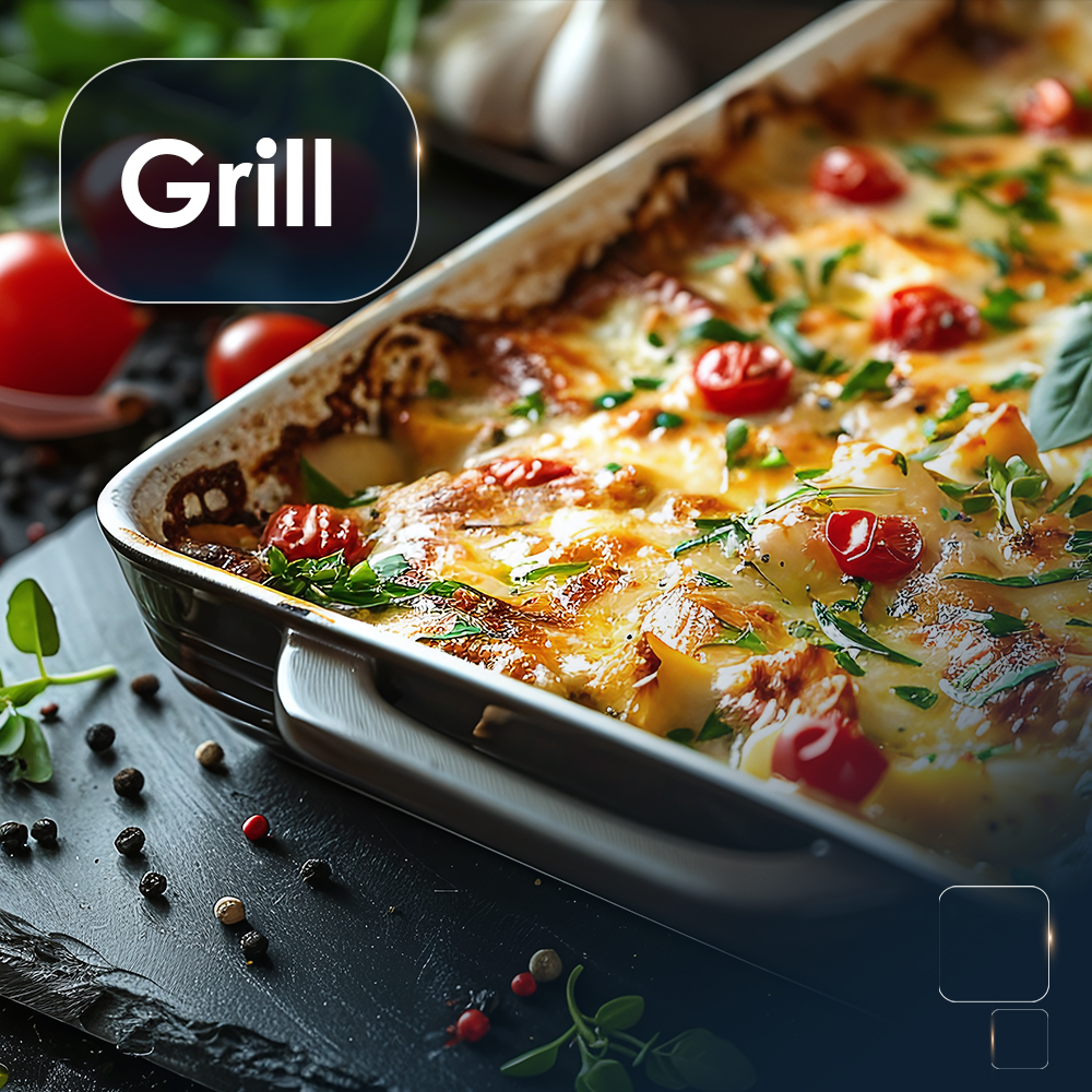 Un gratinado al horno con queso derretido y tomates cherry en un plato.
