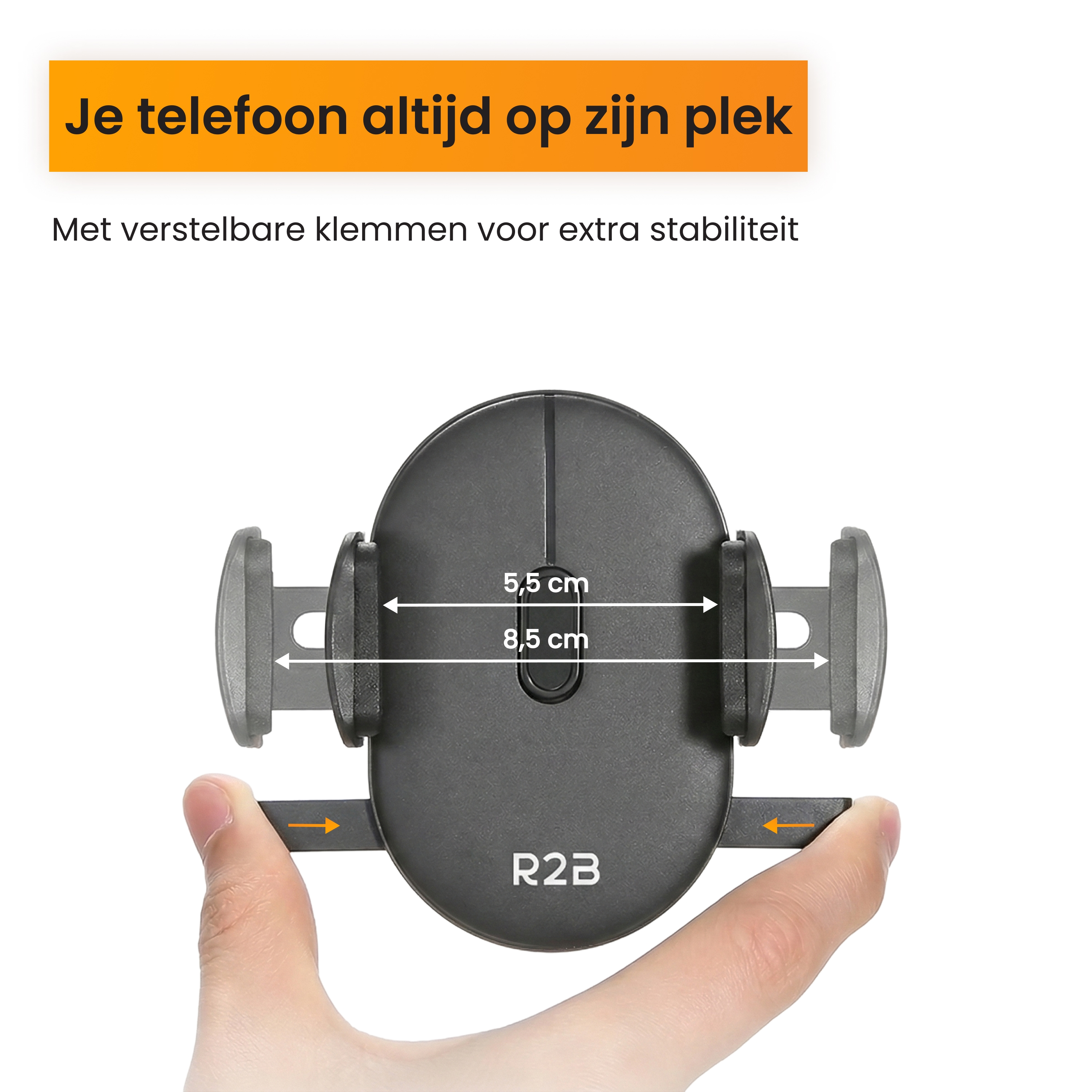 Telefoonhouder met verstelbare klemmen, afmetingen 5,5 en 8,5 cm.