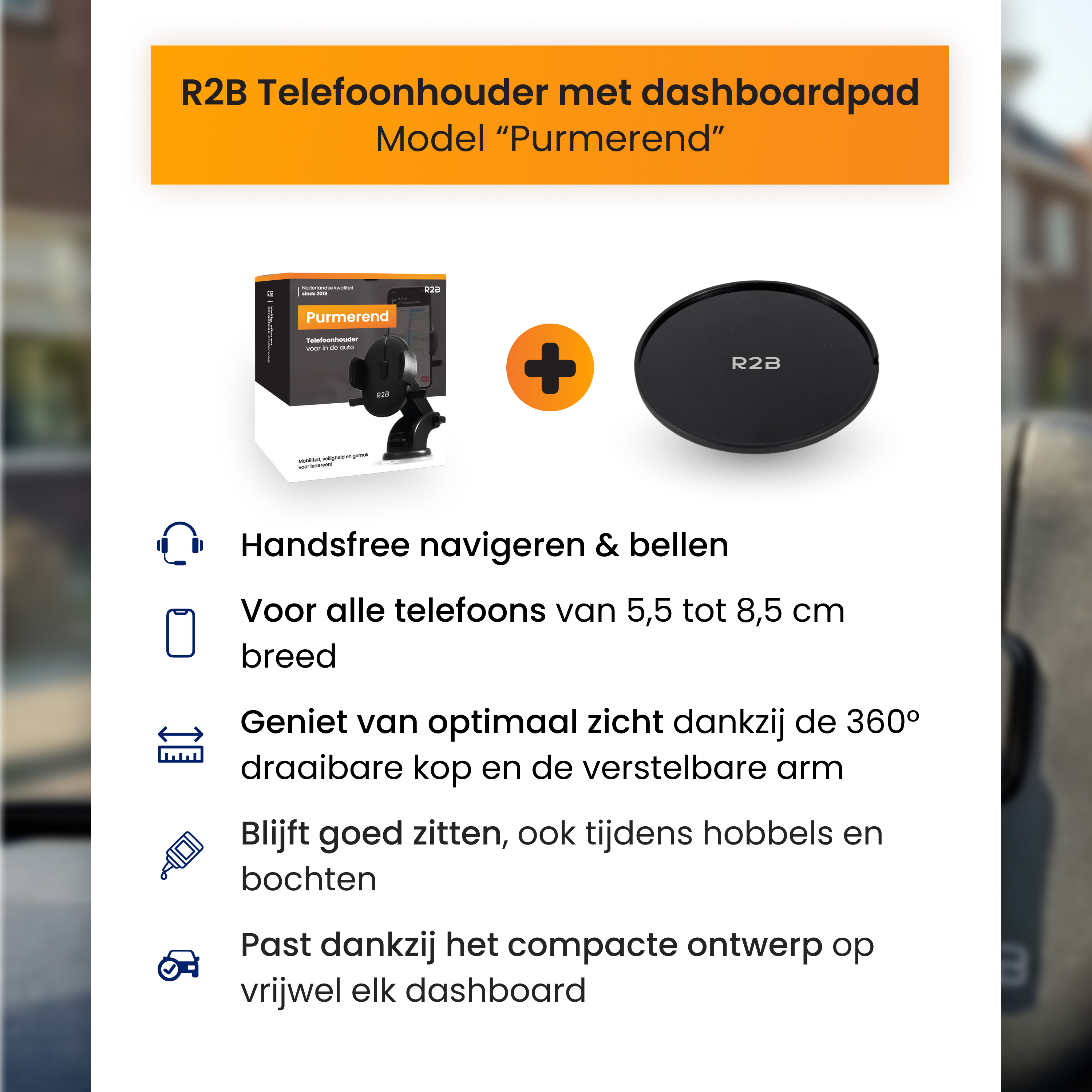 Productfoto R2B telefoonhouder: houder, pad, plus.