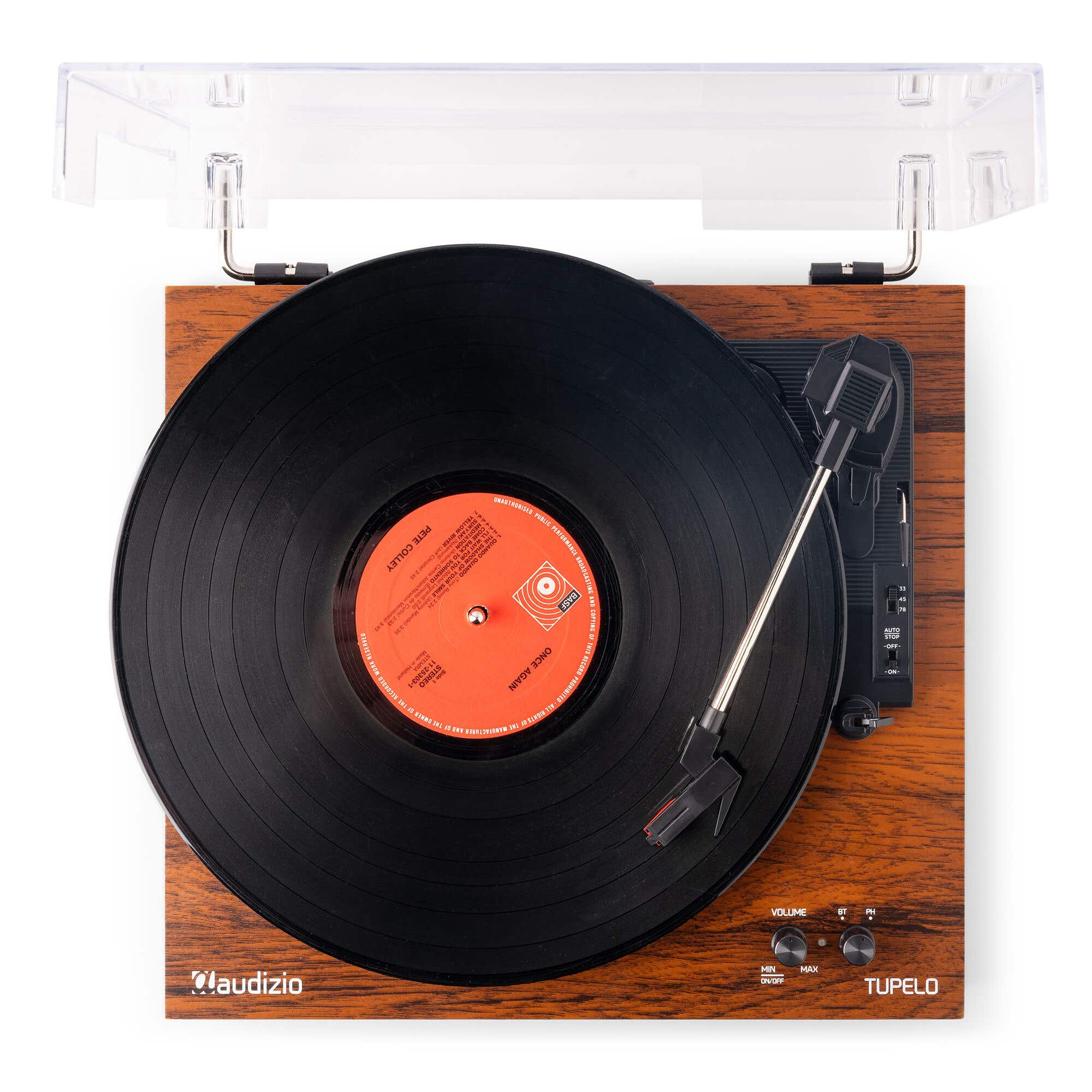 Draaitafel met vinylplaat, toonarm en houten behuizing. Transparante kap.