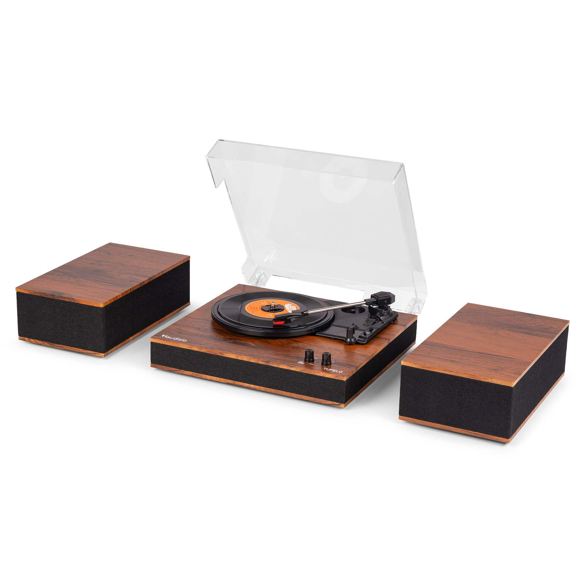 Platenspeler met twee luidsprekers, houtnerf, zwarte stoffen fronten.